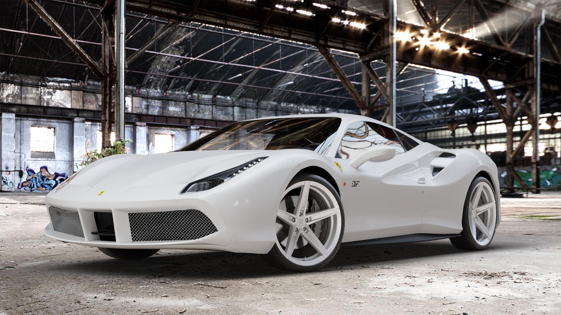 La Chanti Performance LC-P8 Machined Silver Felge mit Reifen silber in 20Zoll Winterfelge Alufelge auf weissem Ferrari 488 GTB ⬇️ mit 15mm Tieferlegung ⬇️ Old Industrial Hall_max_4400mm_2024 Frontansicht_1