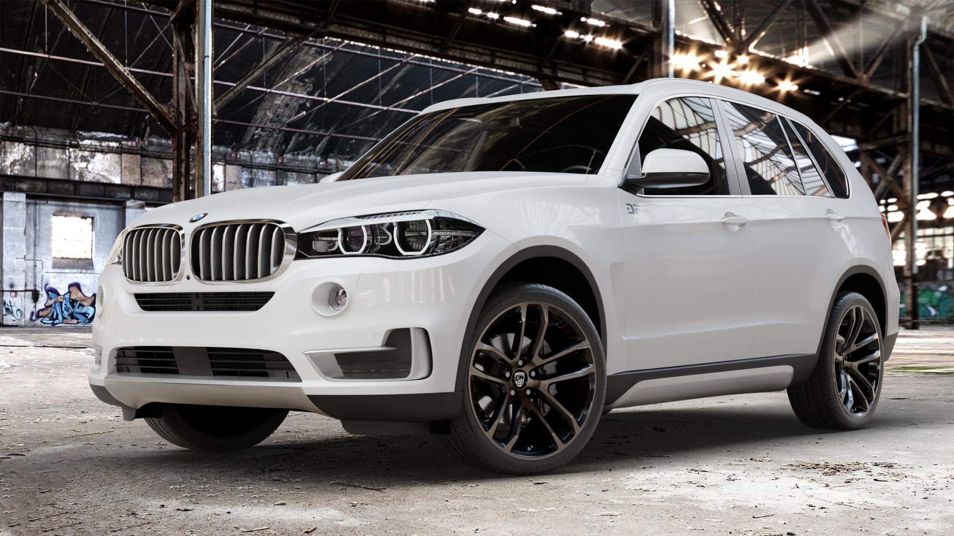 Lumma Design CLR Racing Black Smoke Felge mit Reifen schwarz in 22Zoll Winterfelge Alufelge auf weissem BMW X5 Typ F15 (X5, X-N1) ⬇️ mit 15mm Tieferlegung ⬇️ Old Industrial Hall_max_4400mm_2024 Frontansicht_1