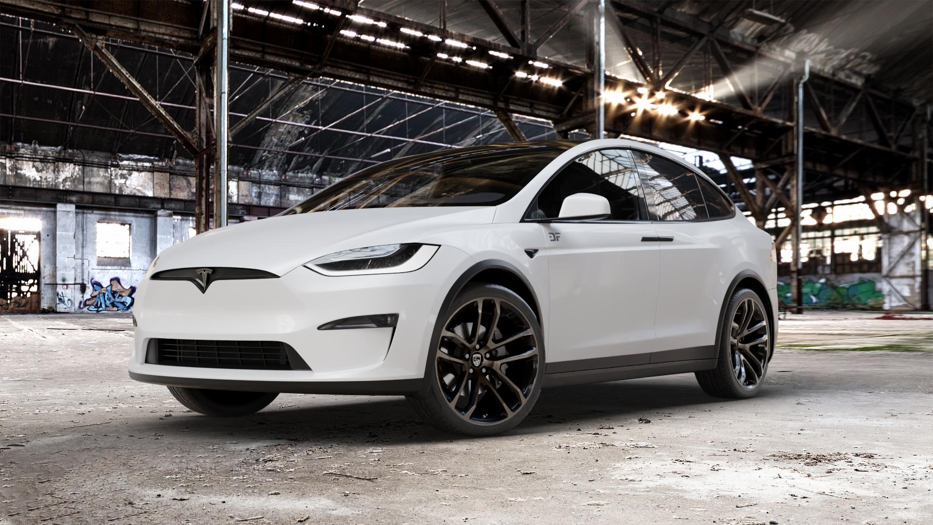 Lumma Design CLR Racing Black Smoke Felge mit Reifen schwarz in 22Zoll Winterfelge Alufelge auf weissem Tesla Model X Typ 004 ⬇️ mit 15mm Tieferlegung ⬇️ Old Industrial Hall_max_5300mm_2024 Frontansicht_1