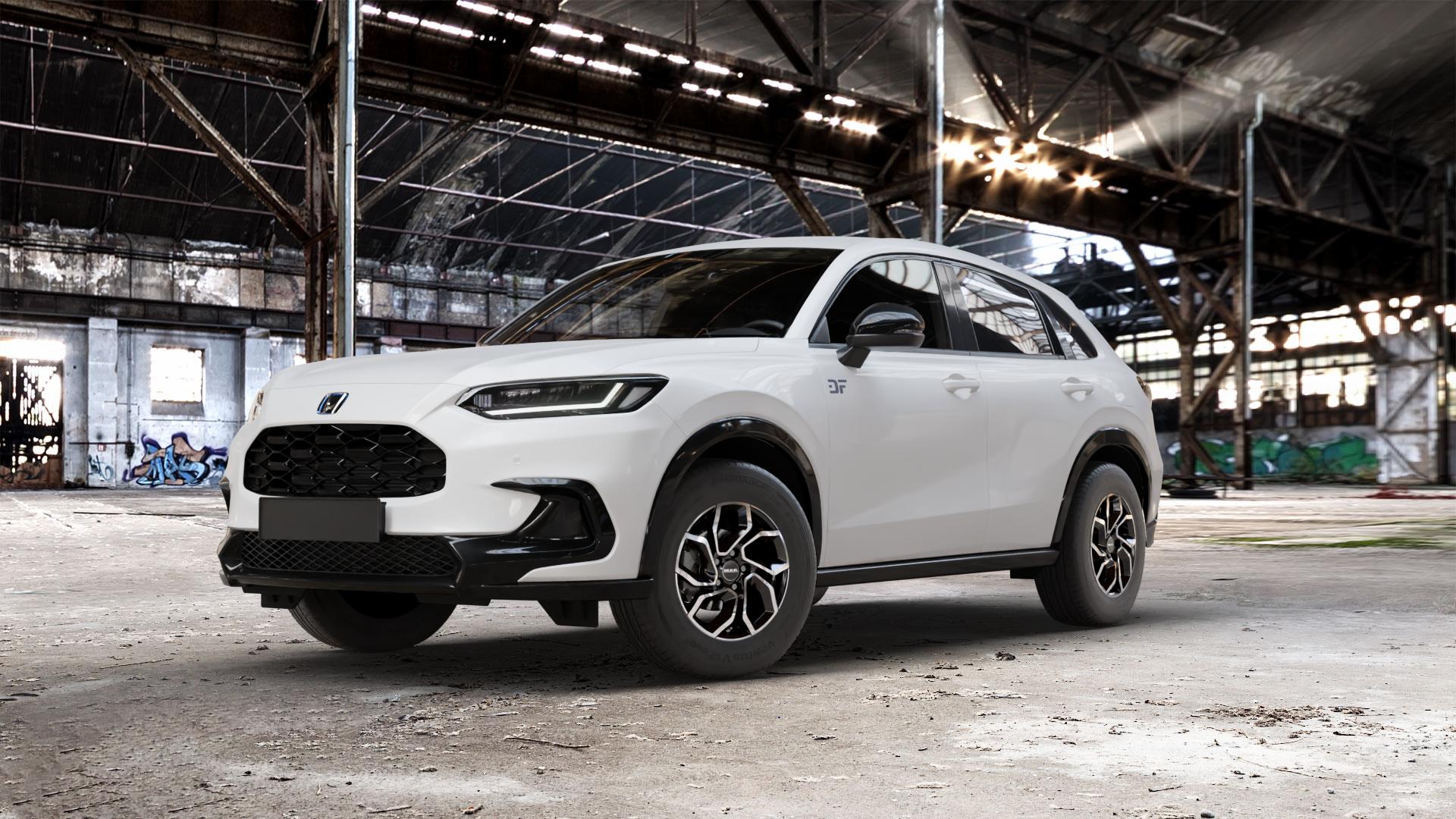 MAK Apollo Black Mirror Felge mit Reifen silber schwarz in 15Zoll Alufelge auf weissem Honda ZR-V Typ RZ ⬇️ mit 15mm Tieferlegung ⬇️ Old Industrial Hall_max_5300mm_2024 Frontansicht_1