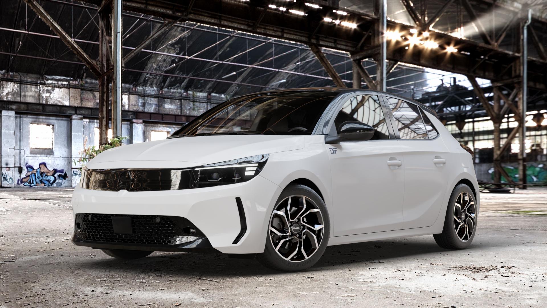 MAK Apollo Black Mirror Felge mit Reifen silber schwarz in 16Zoll Alufelge auf weissem Opel Corsa F Typ U Facelift 1,2l 55kW (75 PS) Turbo 74kW (101 96kW (131 1,5l D 75kW (102 ⬇️ mit 15mm Tieferlegung ⬇️ Old Industrial Hall_max_4400mm_2024 Frontansicht_1