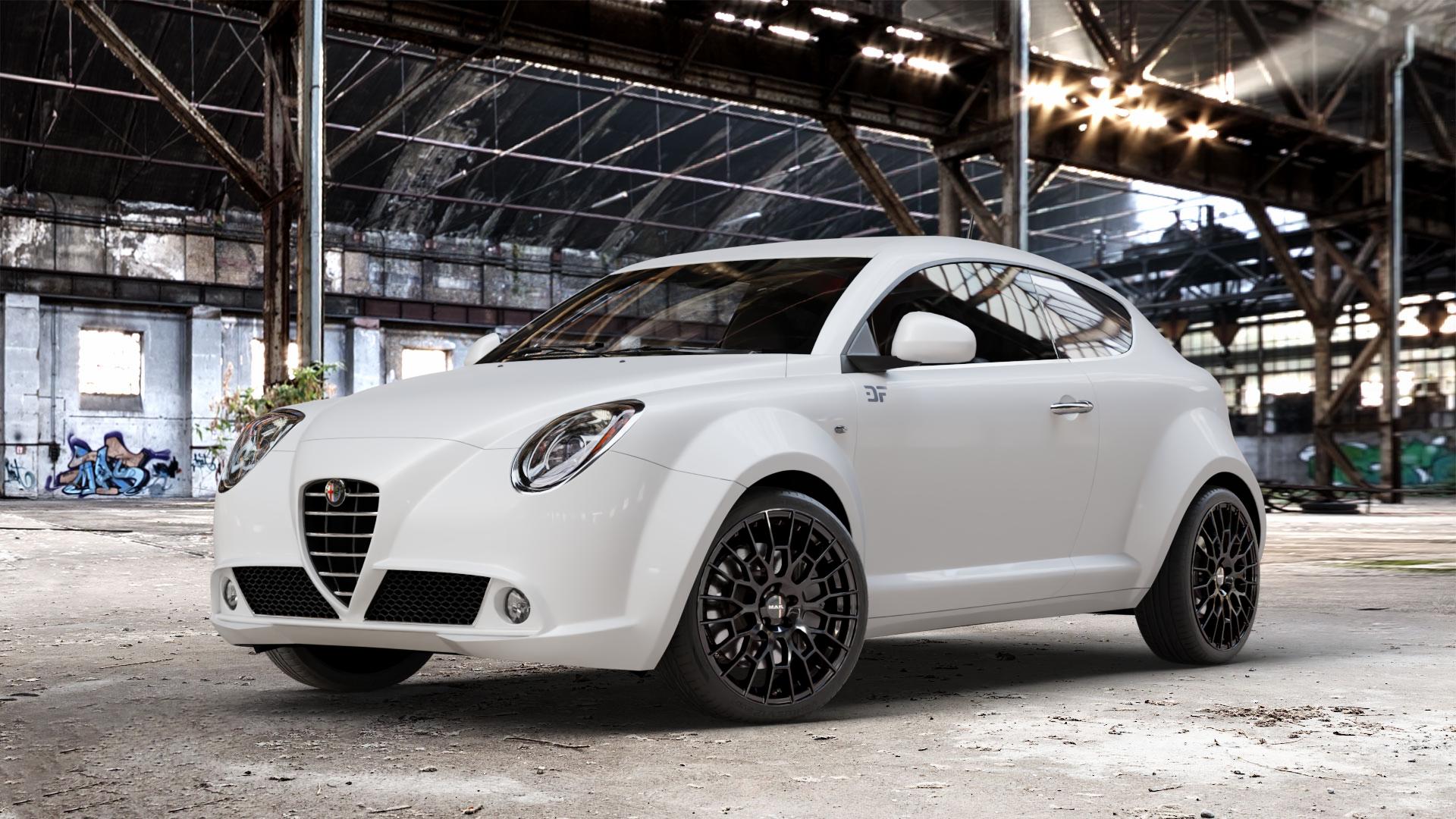 MAK APX Gloss Black Felge mit Reifen schwarz in 18Zoll Alufelge auf weissem Alfa Romeo Mito Typ 955 ⬇️ mit 15mm Tieferlegung ⬇️ Old Industrial Hall_max_4400mm_2024 Frontansicht_1