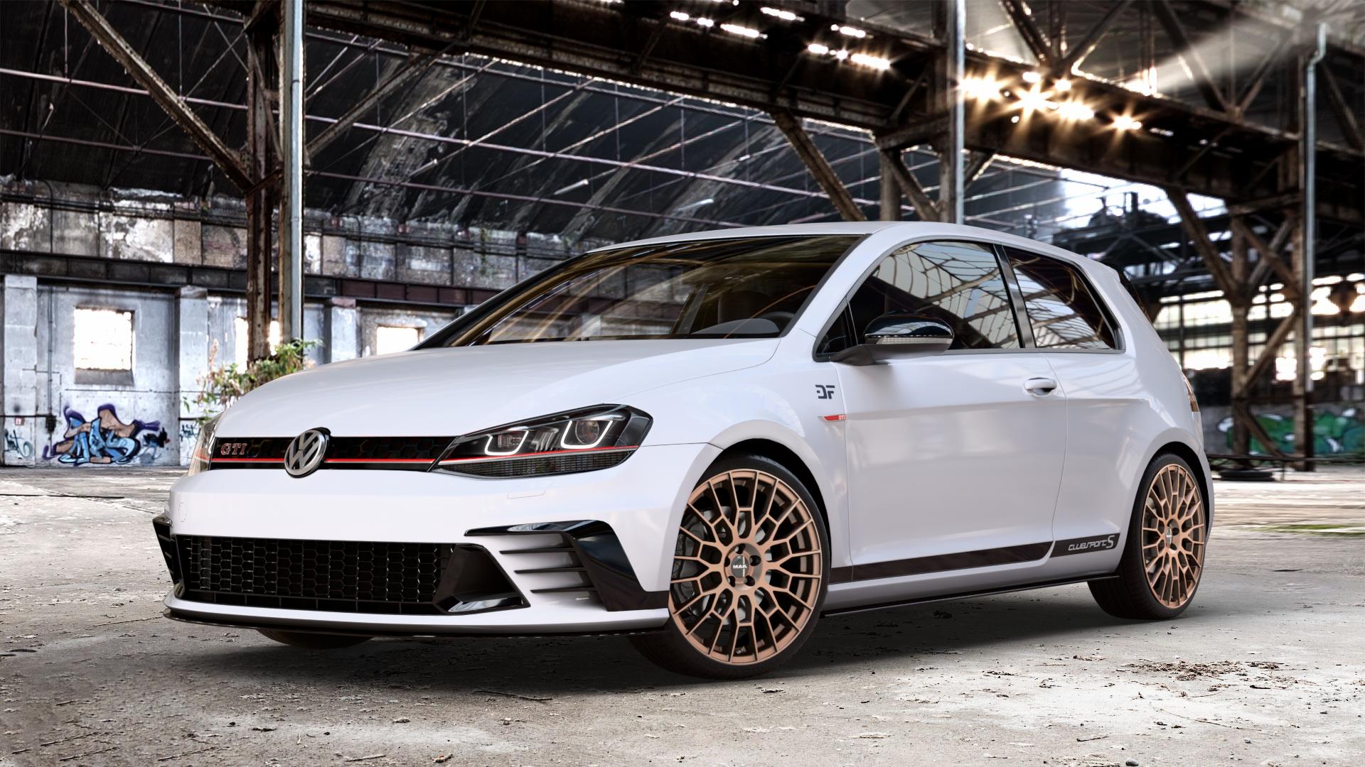 MAK APX Matt Bronze Felge mit Reifen in 19Zoll Alufelge auf weissem unilack Volkswagen (VW) Golf 7 2,0l GTI Clubsport 195kW (265 PS) S 228kW (310 Facelift TCR 213kW (290 ⬇️ mit 15mm Tieferlegung ⬇️ Old Industrial Hall_max_4400mm_2024 Frontansicht_1