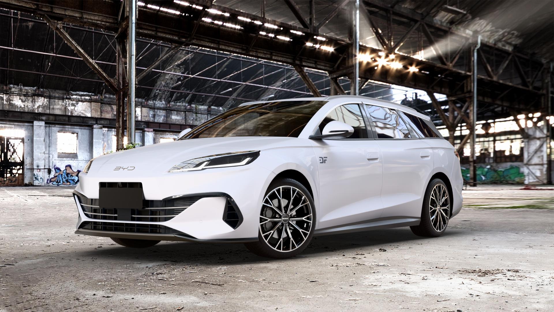 MAK Asphalt Black Mirror Felge mit Reifen schwarz in 19Zoll Alufelge auf weissem BYD Seal 6 Touring Typ HK 1,5l 72kW DM-i PlugIn (98 PS) ⬇️ mit 15mm Tieferlegung ⬇️ Old Industrial Hall_max_5300mm_2024 Frontansicht_1