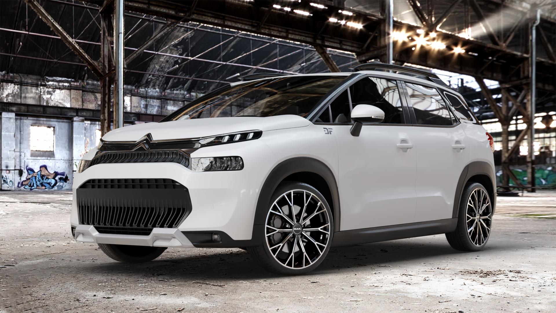 MAK Asphalt Black Mirror Felge mit Reifen schwarz in 19Zoll Alufelge auf weissem Citroen C3 Aircross Typ 2 Facelift ⬇️ mit 15mm Tieferlegung ⬇️ Old Industrial Hall_max_4400mm_2024 Frontansicht_1