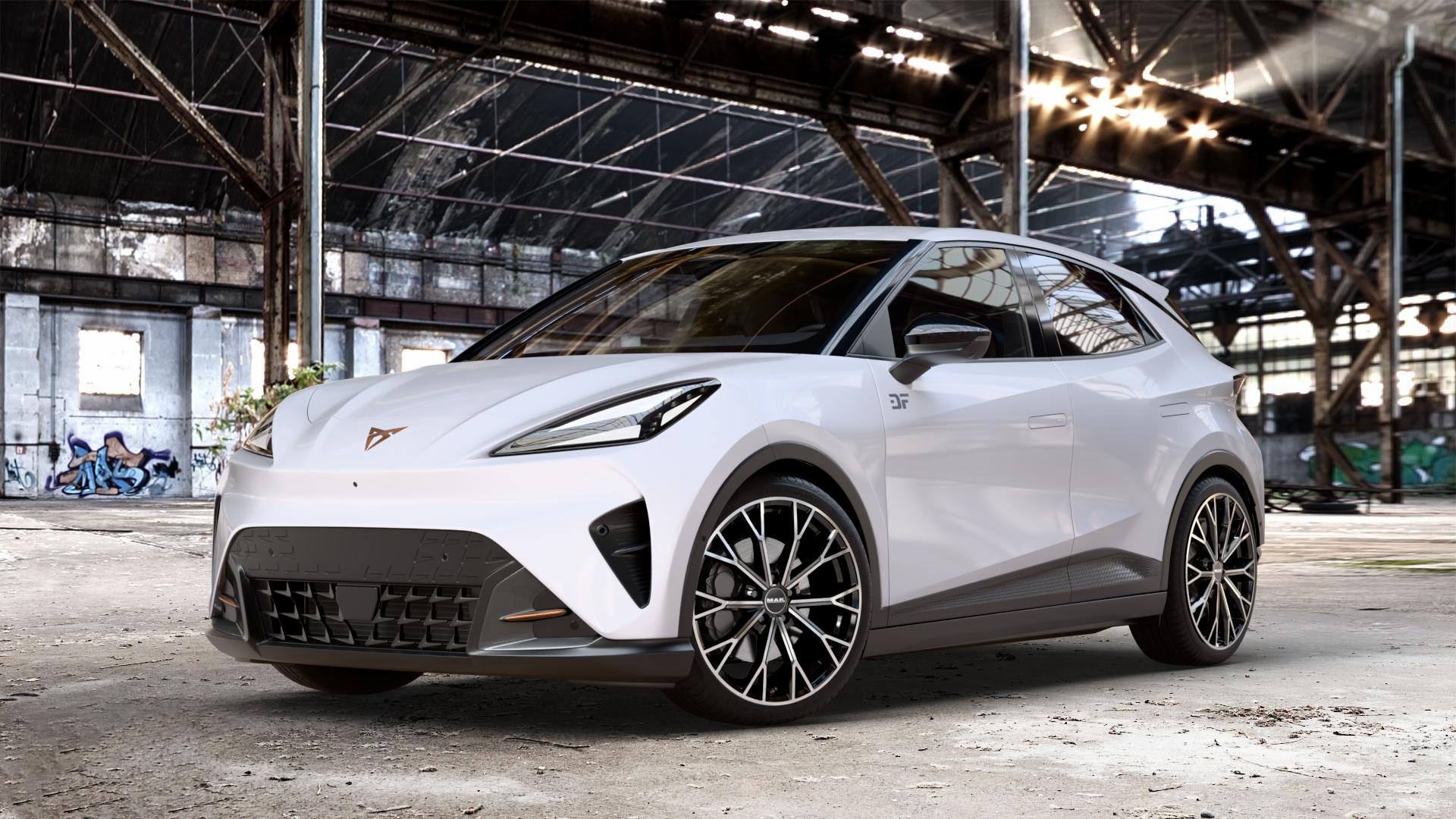 MAK Asphalt Black Mirror Felge mit Reifen schwarz in 19Zoll Alufelge auf weissem Cupra Raval Typ KS ⬇️ mit 15mm Tieferlegung ⬇️ Old Industrial Hall_max_4400mm_2024 Frontansicht_1