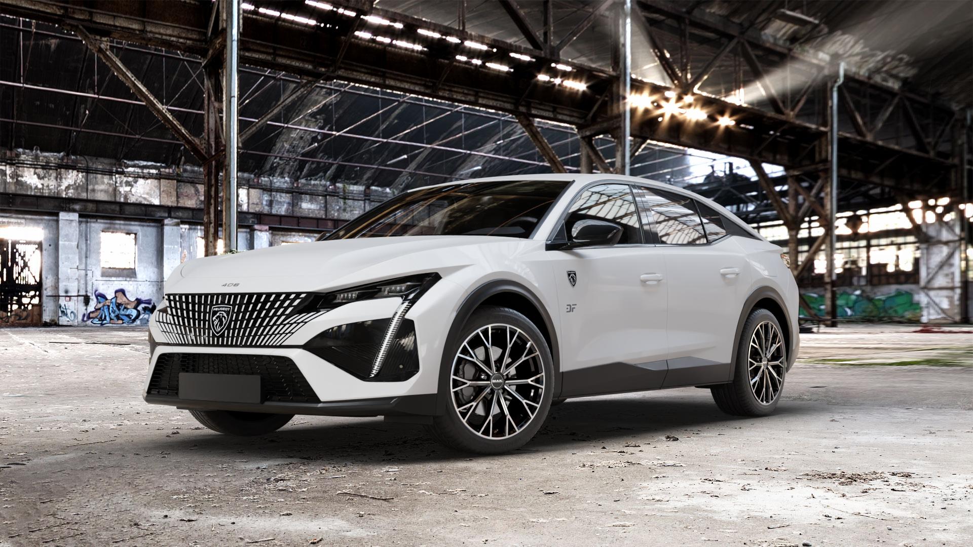 MAK Asphalt Black Mirror Felge mit Reifen schwarz in 19Zoll Alufelge auf weissem Peugeot 408 Typ F ⬇️ mit 15mm Tieferlegung ⬇️ Old Industrial Hall_max_5300mm_2024 Frontansicht_1