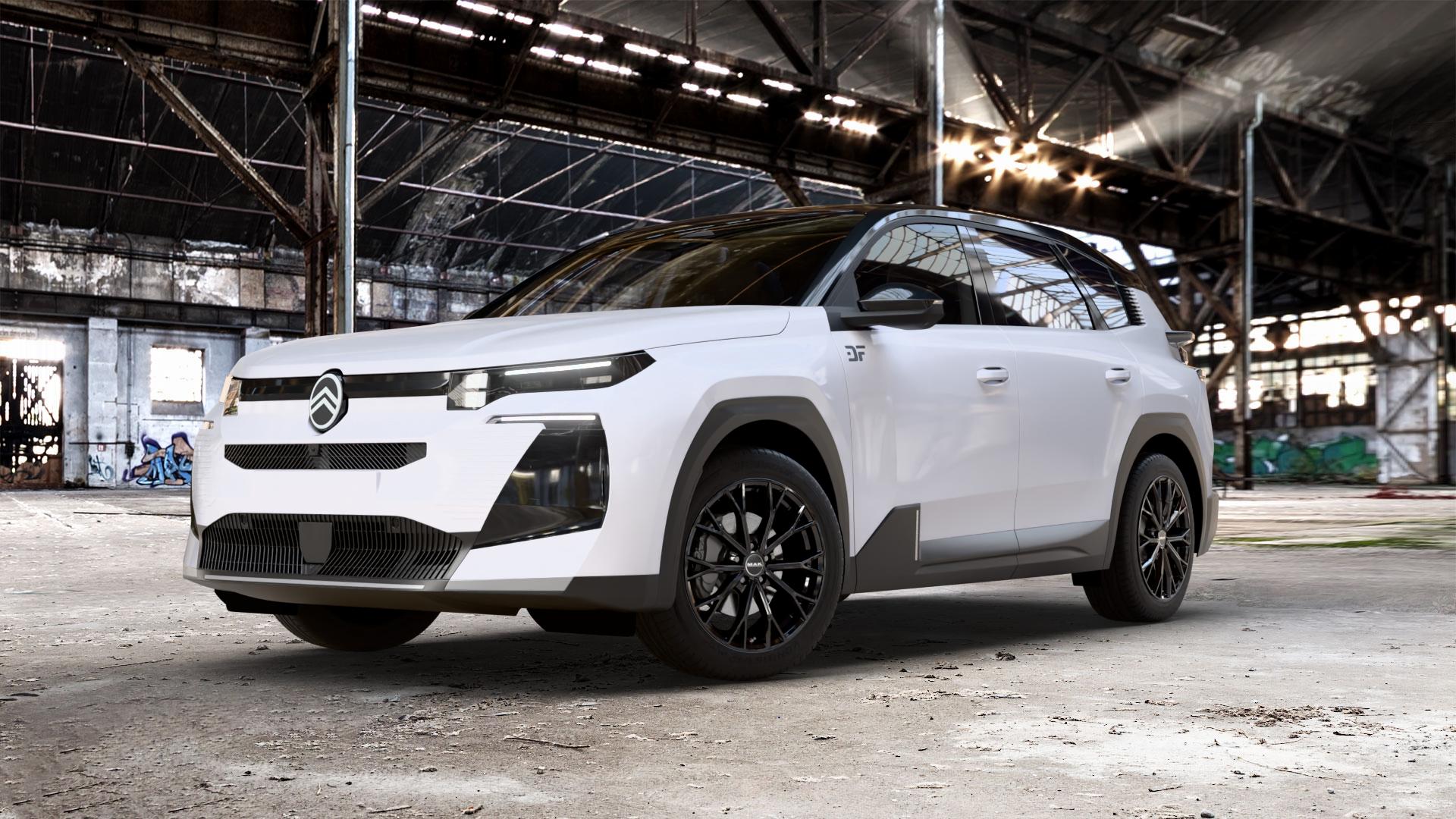 MAK Asphalt Gloss Black Felge mit Reifen schwarz in 19Zoll Alufelge auf weissem Citroen C5 Aircross Typ K 1,2l 100kW Mild-Hybrid (136 PS) 1,6l 110kW Plug-In-Hybrid (150 0,0l 105kW eC5 (143 104kW (141 ⬇️ mit 15mm Tieferlegung ⬇️ Old Industrial Hall_max_5300mm_2024 Frontansicht_1