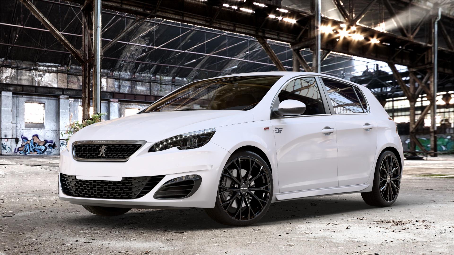 MAK Asphalt Gloss Black Felge mit Reifen schwarz in 19Zoll Alufelge auf weissem Peugeot 308 II Typ L Facelift ⬇️ mit 15mm Tieferlegung ⬇️ Old Industrial Hall_max_4400mm_2024 Frontansicht_1