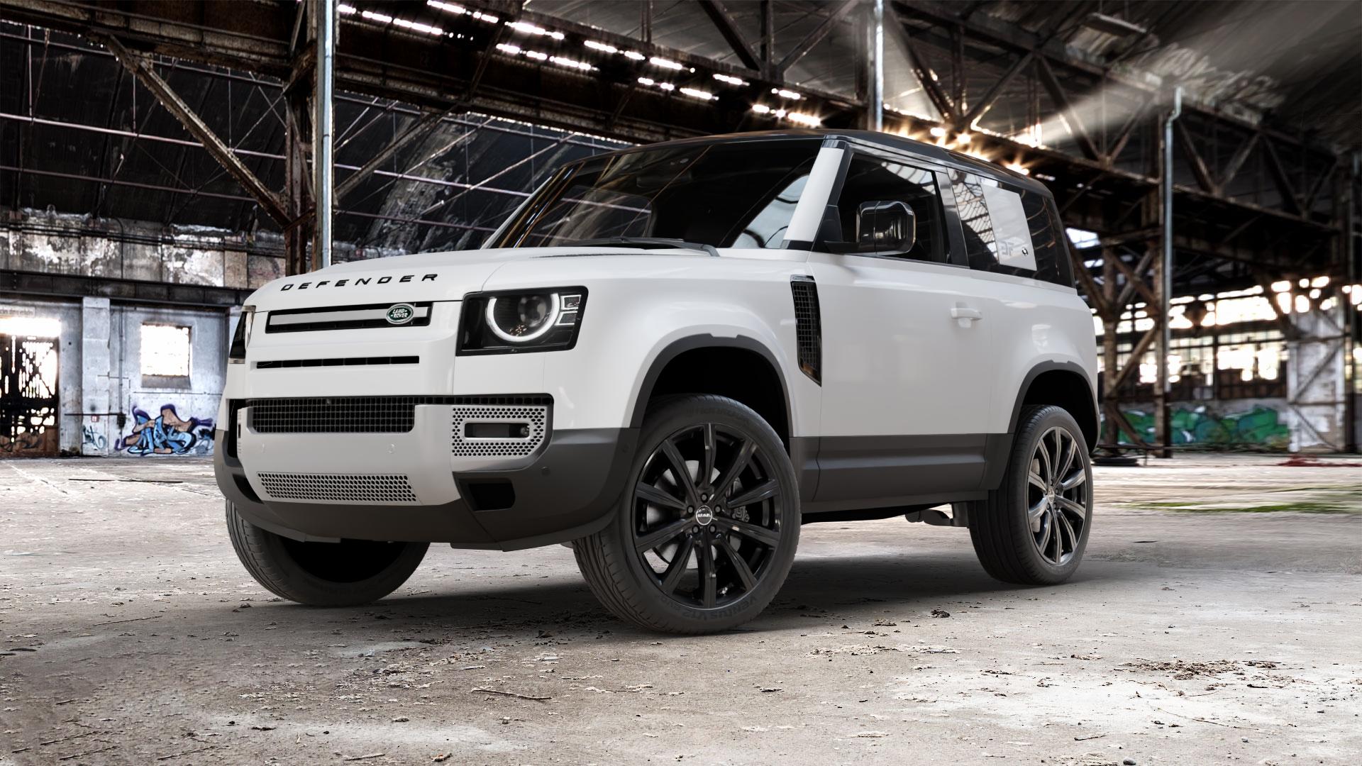 MAK Birmingham Gloss Black Felge mit Reifen schwarz in 22Zoll Winterfelge Alufelge auf weissem Land Rover Defender 90 Typ LE ⬇️ mit 15mm Tieferlegung ⬇️ Old Industrial Hall_max_5300mm_2024 Frontansicht_1