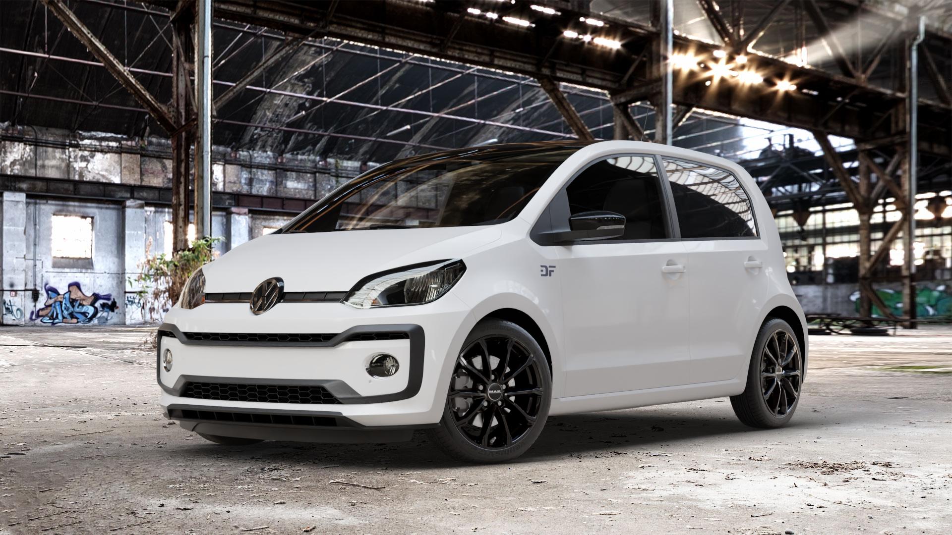 MAK Davinci Gloss Black Felge mit Reifen schwarz in 16Zoll Winterfelge Alufelge auf weissem Volkswagen (VW) UP Facelift ⬇️ mit 15mm Tieferlegung ⬇️ Old Industrial Hall_max_4400mm_2024 Frontansicht_1