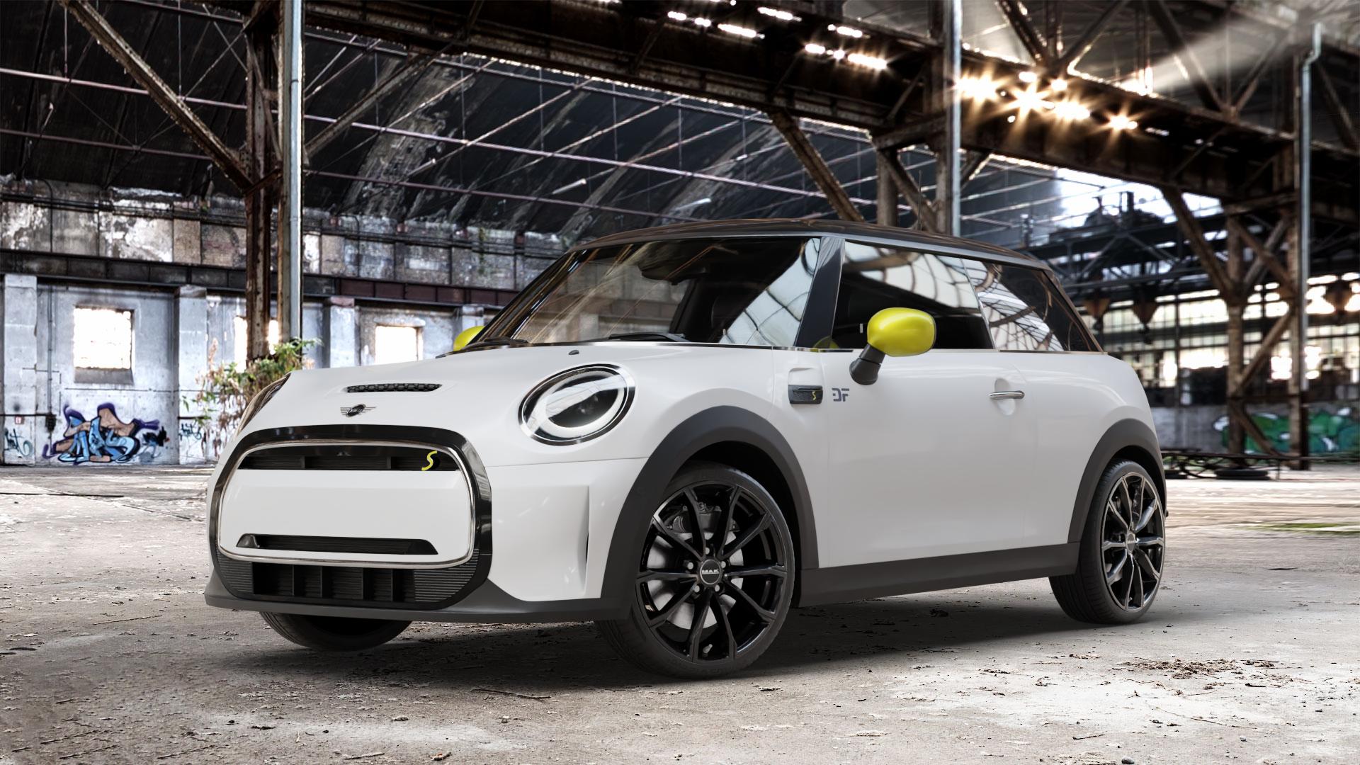 MAK Davinci Gloss Black Felge mit Reifen schwarz in 18Zoll Winterfelge Alufelge auf weissem Mini F56 Typ FML2E (3-Türer Limousine) Facelift 21-> Limousine ⬇️ mit 15mm Tieferlegung ⬇️ Old Industrial Hall_max_4400mm_2024 Frontansicht_1