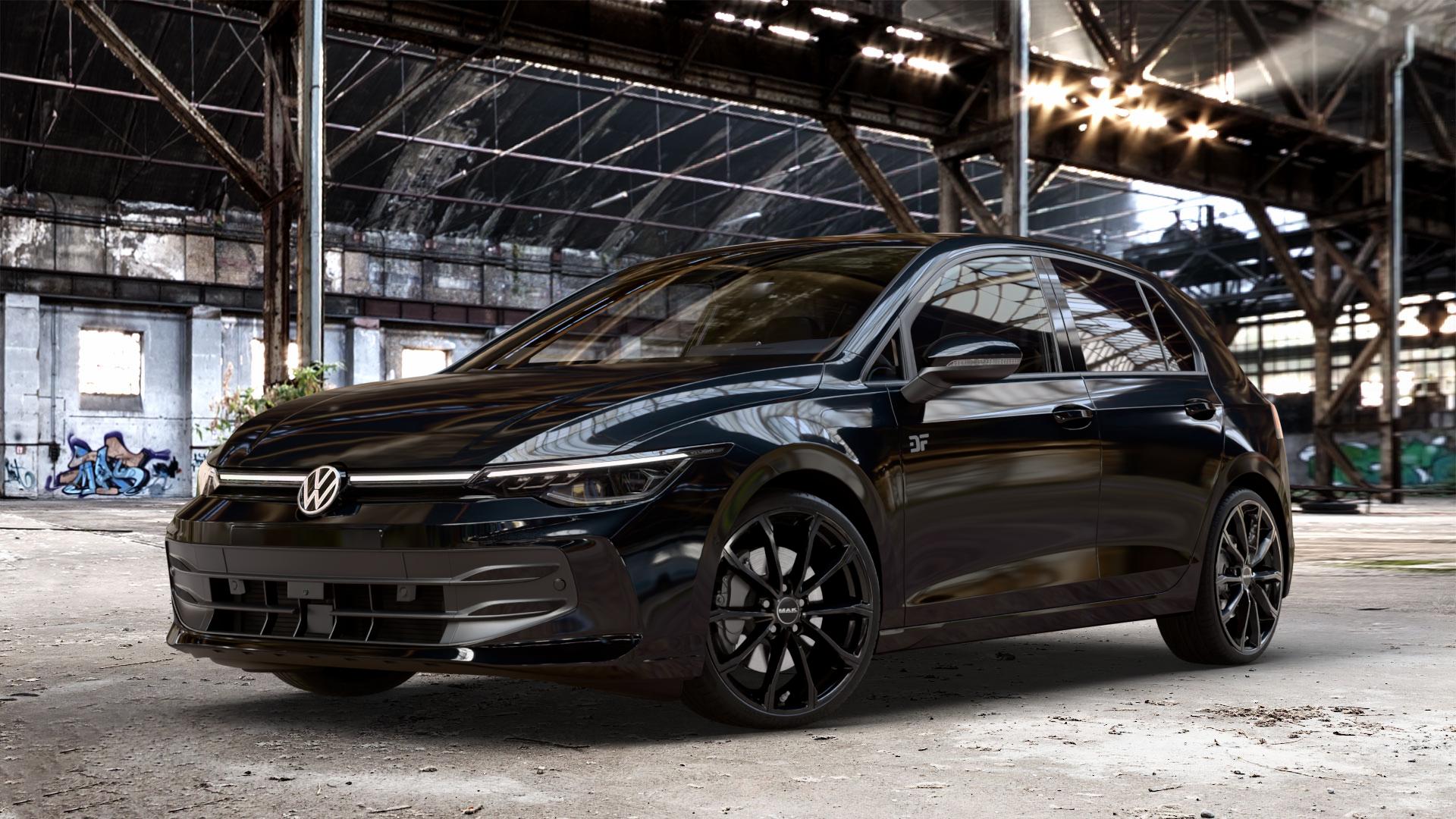 MAK Davinci Gloss Black Felge mit Reifen schwarz in 19Zoll Winterfelge Alufelge auf schwarzem Volkswagen (VW) Golf 8 Facelift ⬇️ mit 15mm Tieferlegung ⬇️ Old Industrial Hall_max_4400mm_2024 Frontansicht_1