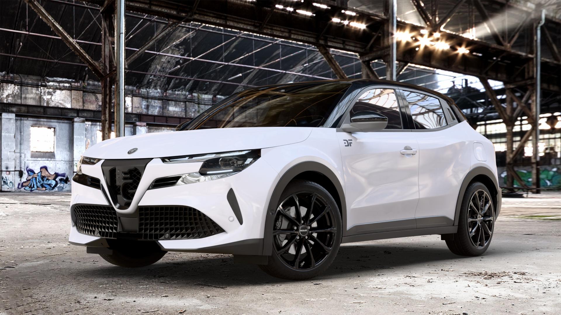 MAK Davinci Gloss Black Felge mit Reifen schwarz in 19Zoll Winterfelge Alufelge auf weissem Alfa Romeo Junior Typ FH1 0,0l 62kW Elettrica (84 PS) 105kW Veloce (143 1,2l 100kW Ibrida (136 ⬇️ mit 15mm Tieferlegung ⬇️ Old Industrial Hall_max_4400mm_2024 Frontansicht_1