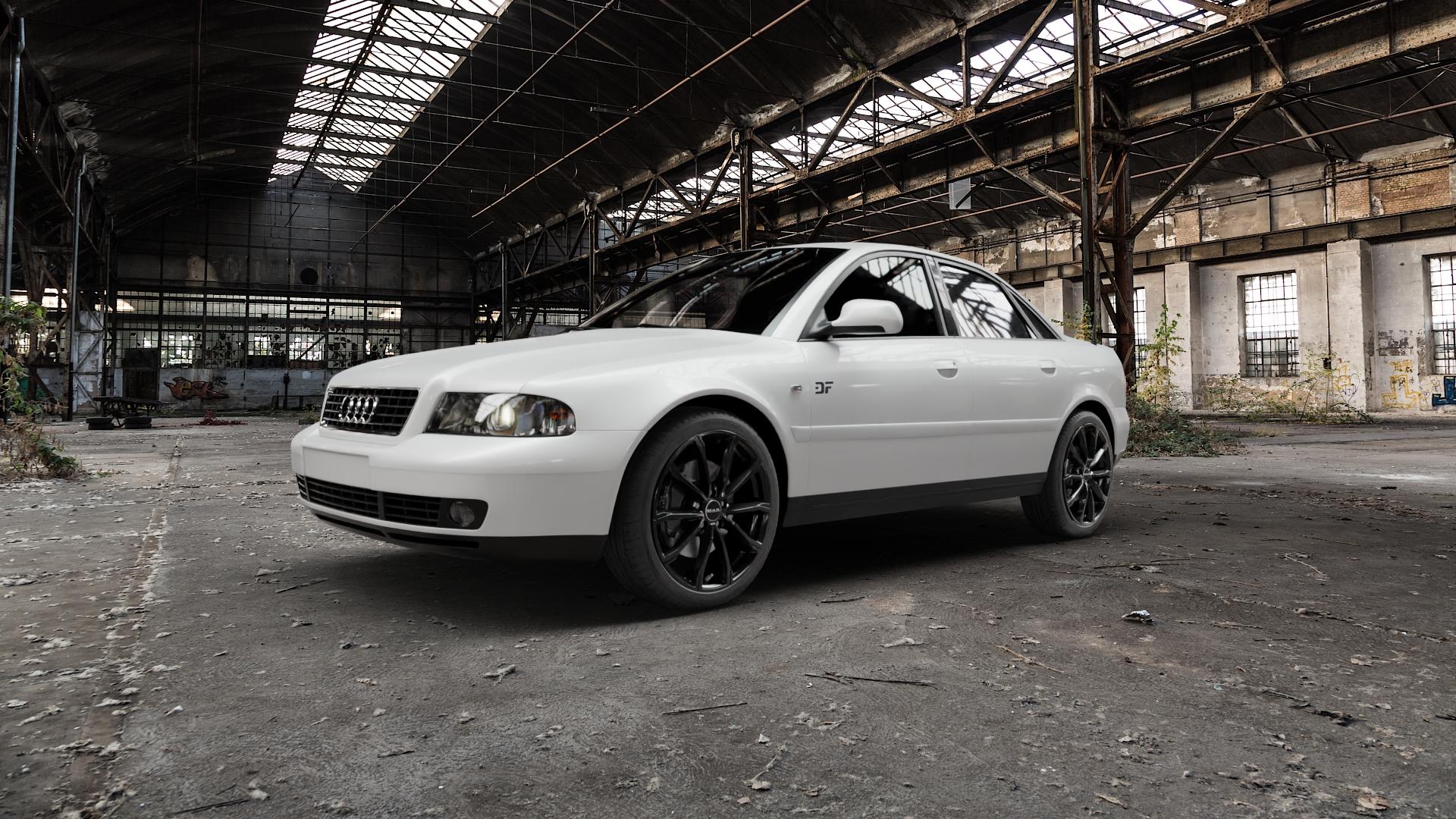 MAK Davinci Gloss Black Felge mit Reifen schwarz in 19Zoll Winterfelge Alufelge auf weissem Audi A4 Typ 8D2/B5 (Limousine) ⬇️ mit 15mm Tieferlegung ⬇️ Old Industrial Hall_max5000mm_2022 Frontansicht_1