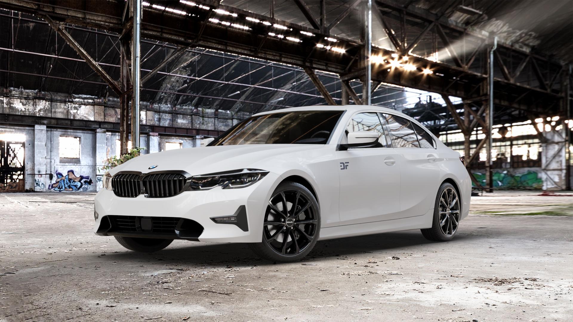 MAK Davinci Gloss Black Felge mit Reifen schwarz in 19Zoll Winterfelge Alufelge auf weissem BMW 3er G20 Limousine (G3L) ⬇️ mit 15mm Tieferlegung ⬇️ Old Industrial Hall_max_5300mm_2024 Frontansicht_1