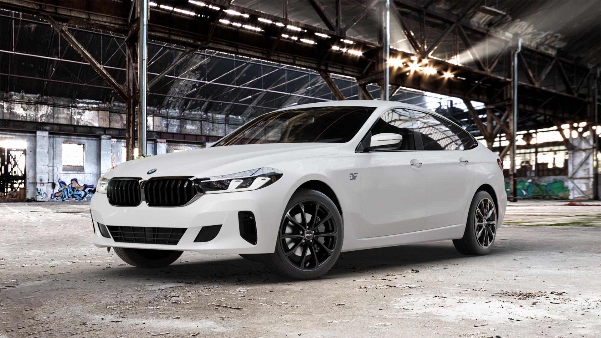 MAK Davinci Gloss Black Felge mit Reifen schwarz in 19Zoll Winterfelge Alufelge auf weissem BMW 6er G32 Gran Turismo (G6GT) Facelift ⬇️ mit 15mm Tieferlegung ⬇️ Old Industrial Hall_max_5300mm_2024 Frontansicht_1