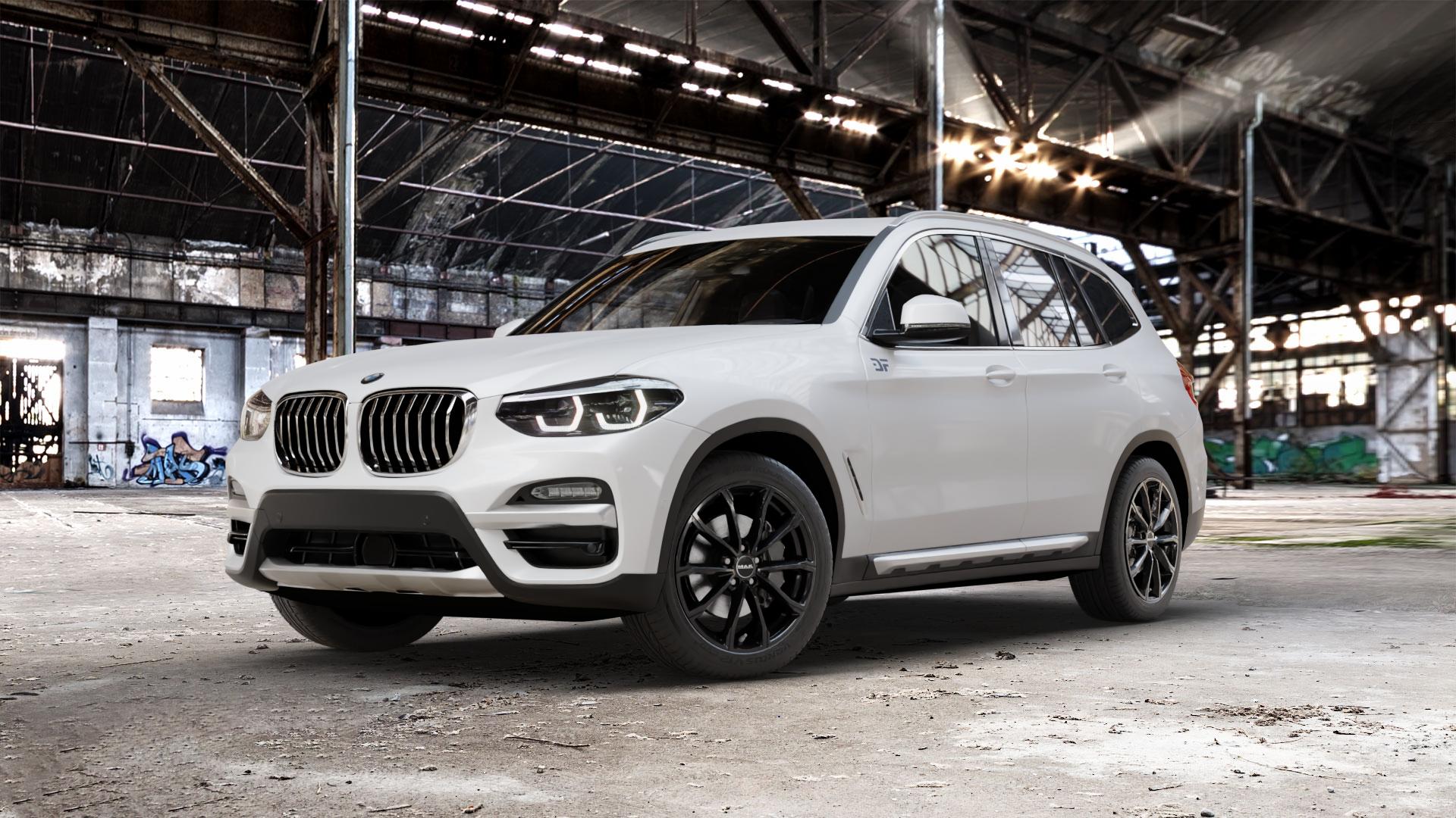 MAK Davinci Gloss Black Felge mit Reifen schwarz in 19Zoll Winterfelge Alufelge auf weissem BMW X3 Typ G01 (G3X) ⬇️ mit 15mm Tieferlegung ⬇️ Old Industrial Hall_max_5300mm_2024 Frontansicht_1