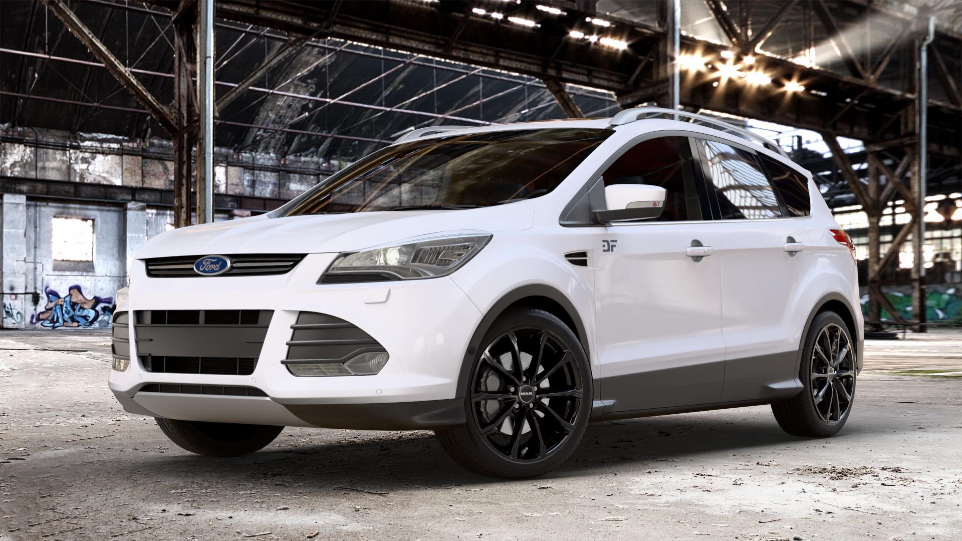 MAK Davinci Gloss Black Felge mit Reifen schwarz in 19Zoll Winterfelge Alufelge auf weissem Ford Kuga II ⬇️ mit 15mm Tieferlegung ⬇️ Old Industrial Hall_max_4400mm_2024 Frontansicht_1