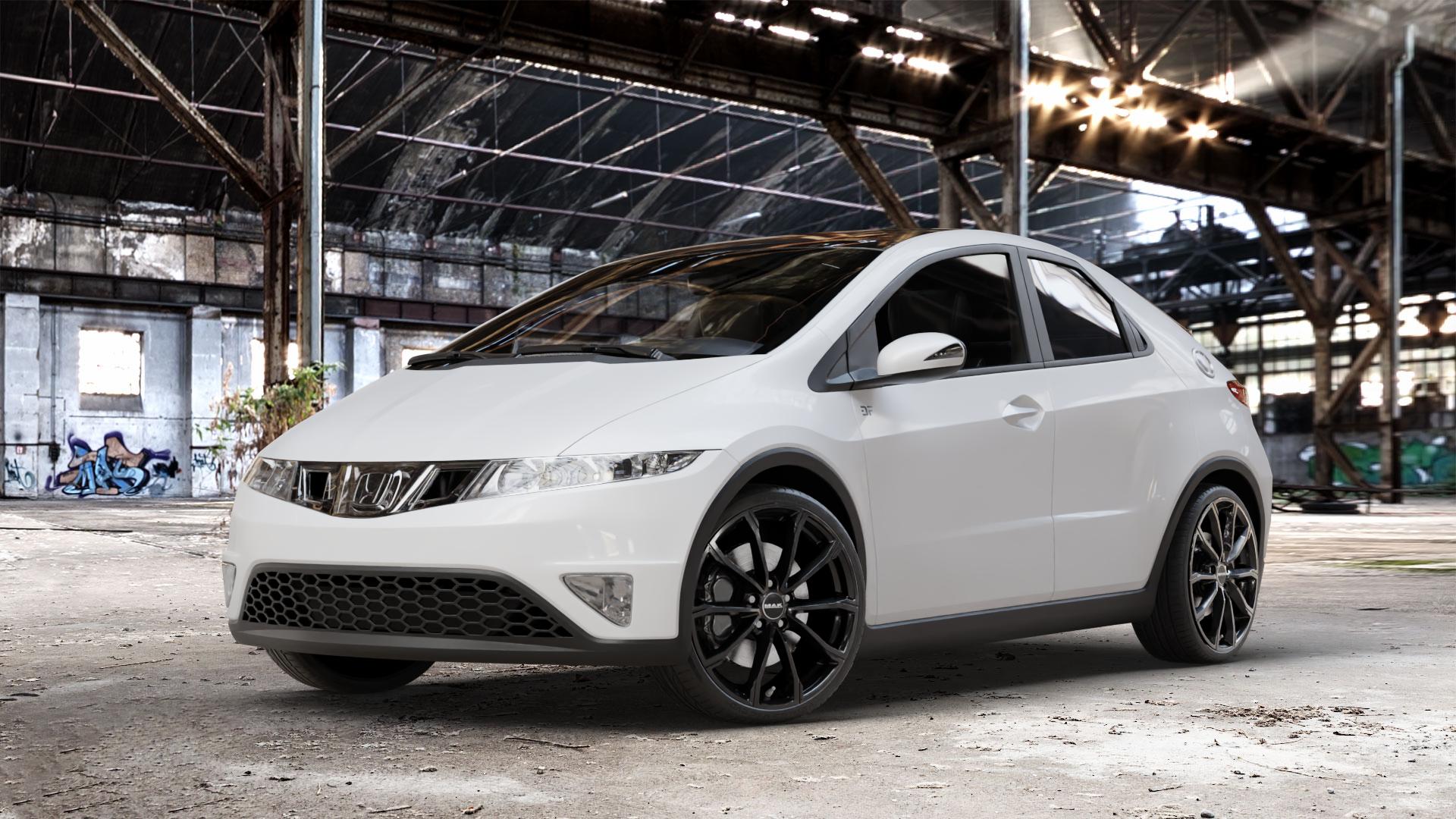 MAK Davinci Gloss Black Felge mit Reifen schwarz in 19Zoll Winterfelge Alufelge auf weissem Honda Civic 8 Fünftürer (FK) 1,4l V-Tec (FK1) 73kW (99 PS) ⬇️ mit 15mm Tieferlegung ⬇️ Old Industrial Hall_max_4400mm_2024 Frontansicht_1