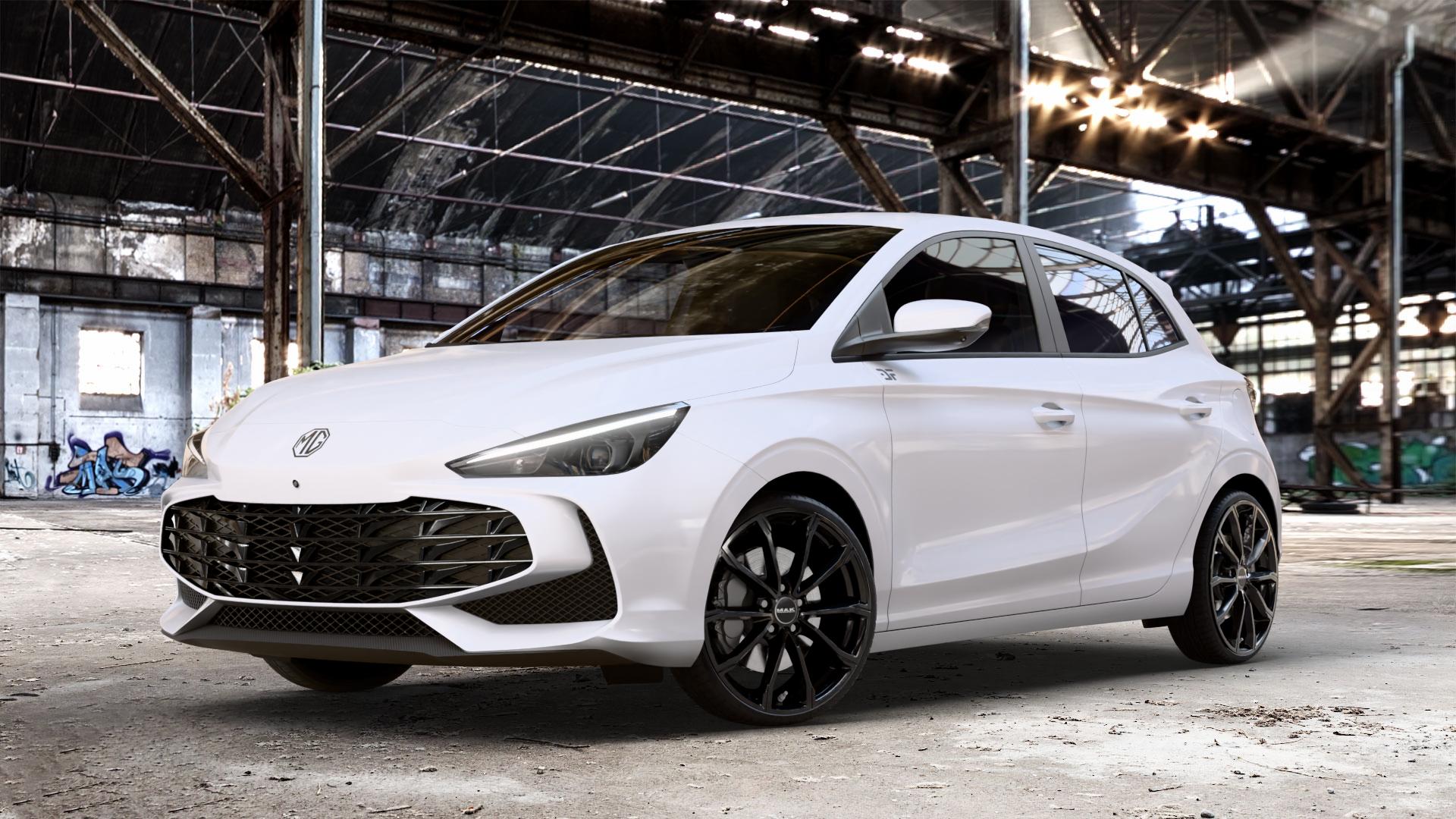 MAK Davinci Gloss Black Felge mit Reifen schwarz in 19Zoll Winterfelge Alufelge auf weissem MG MG3 Typ ZP2A 1,5l 75kW Mild-Hybrid (102 PS) ⬇️ mit 15mm Tieferlegung ⬇️ Old Industrial Hall_max_4400mm_2024 Frontansicht_1