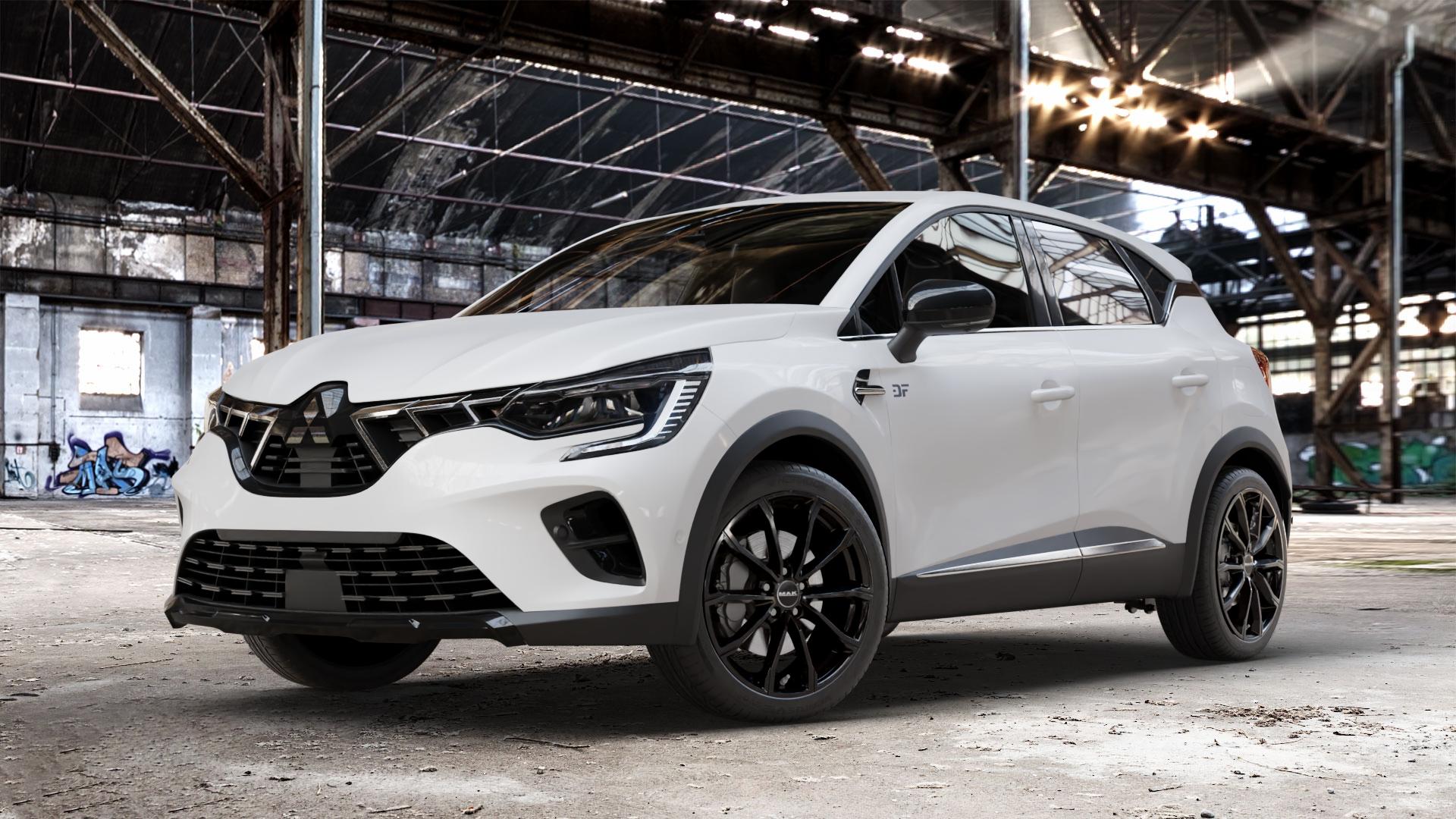 MAK Davinci Gloss Black Felge mit Reifen schwarz in 19Zoll Winterfelge Alufelge auf weissem Mitsubishi ASX Typ RJB ⬇️ mit 15mm Tieferlegung ⬇️ Old Industrial Hall_max_4400mm_2024 Frontansicht_1