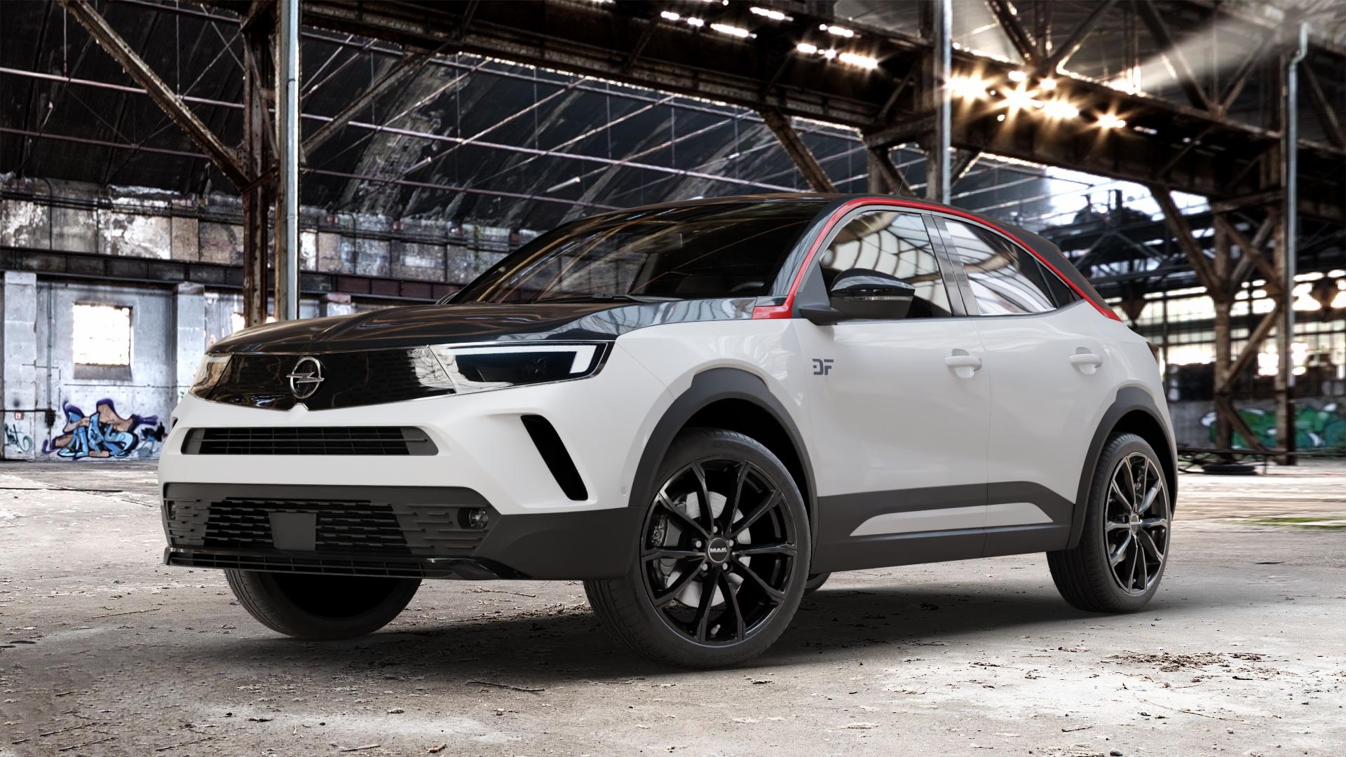 MAK Davinci Gloss Black Felge mit Reifen schwarz in 19Zoll Winterfelge Alufelge auf weissem Opel Mokka Typ U 1,2l Turbo 74kW (101 PS) 96kW (131 1,5l D 81kW (110 ⬇️ mit 15mm Tieferlegung ⬇️ Old Industrial Hall_max_4400mm_2024 Frontansicht_1