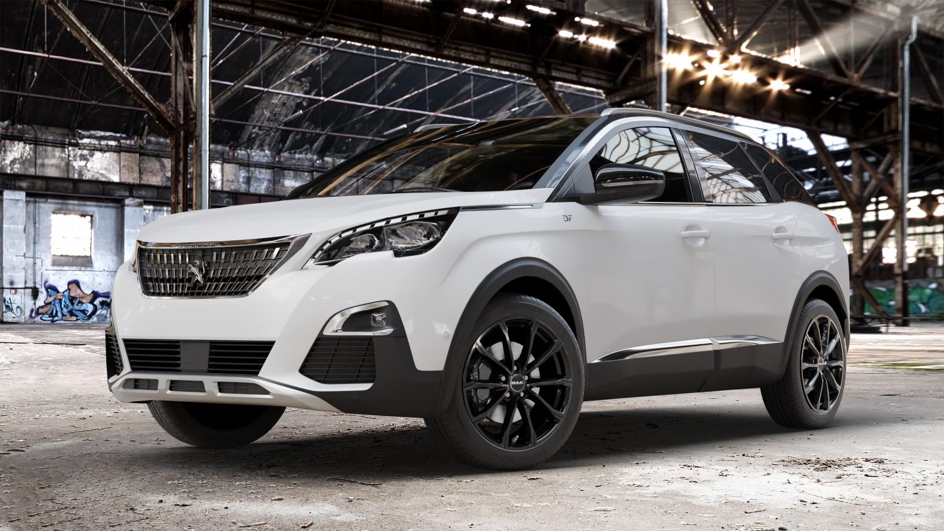 MAK Davinci Gloss Black Felge mit Reifen schwarz in 19Zoll Winterfelge Alufelge auf weissem Peugeot 3008 II Typ M ⬇️ mit 15mm Tieferlegung ⬇️ Old Industrial Hall_max_4400mm_2024 Frontansicht_1