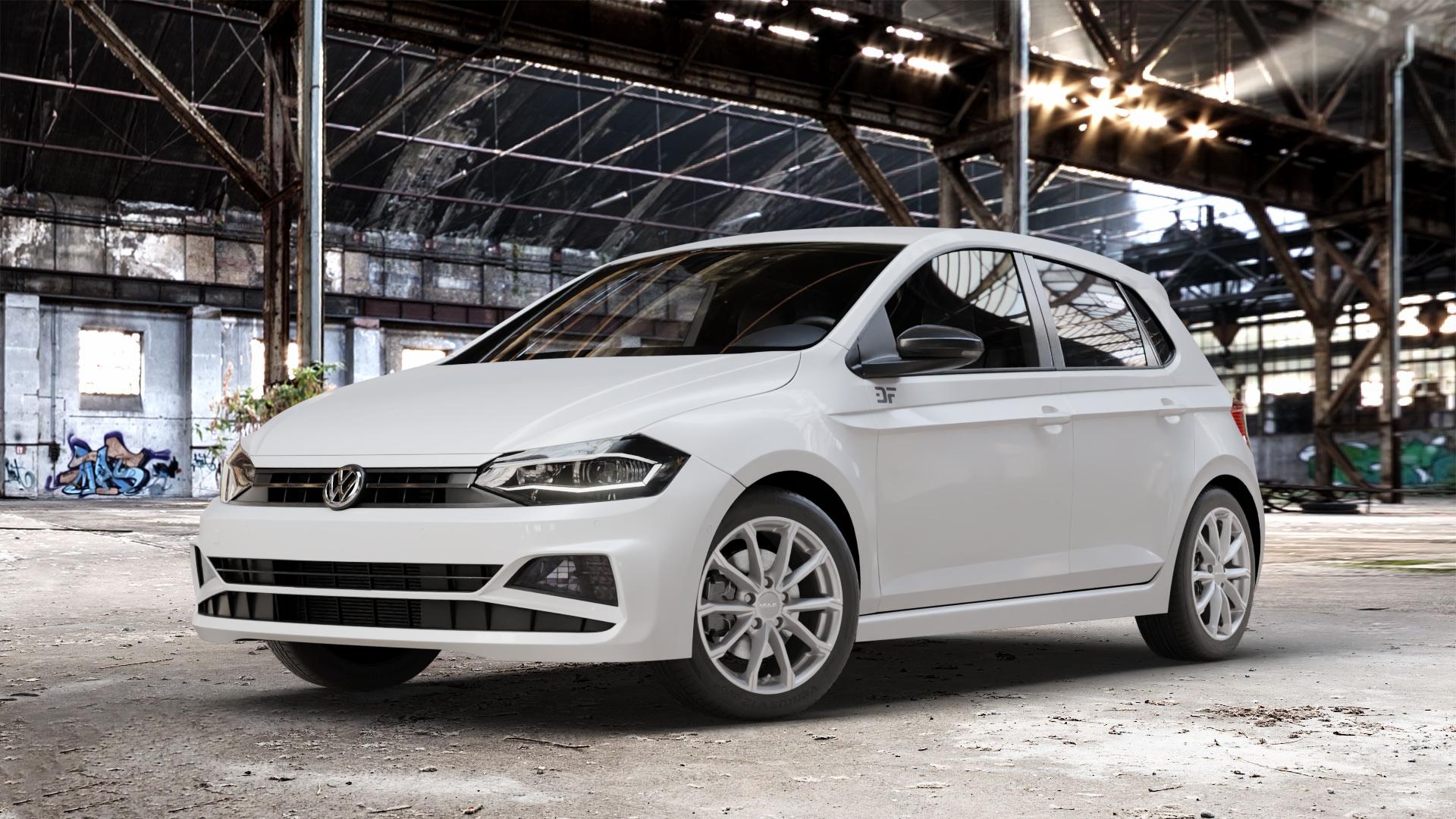 MAK Davinci Light Titan Felge mit Reifen grau in 16Zoll Winterfelge Alufelge auf weissem Volkswagen (VW) Polo VI Typ AW ⬇️ mit 15mm Tieferlegung ⬇️ Old Industrial Hall_max_4400mm_2024 Frontansicht_1