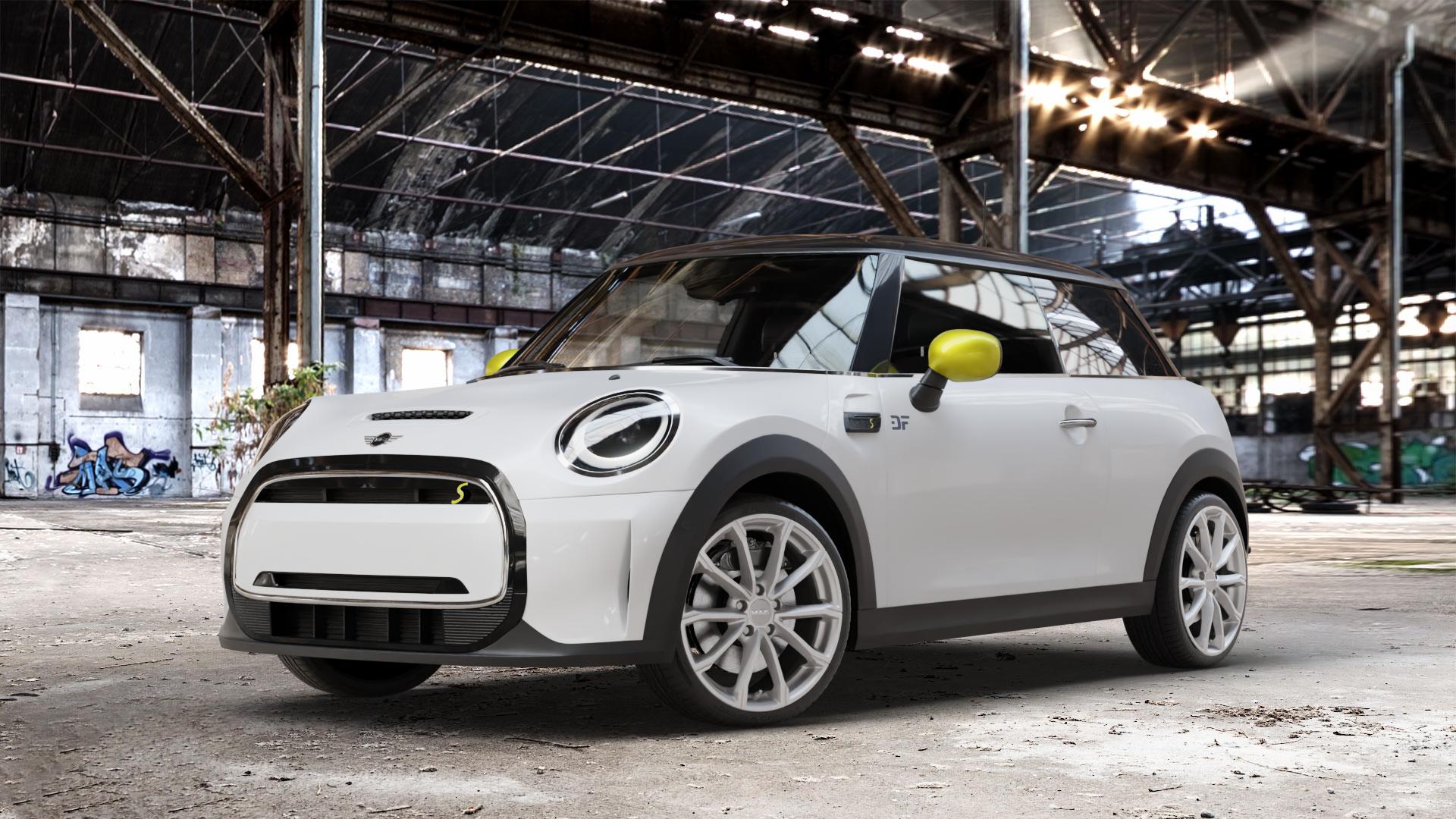 MAK Davinci Light Titan Felge mit Reifen grau in 18Zoll Winterfelge Alufelge auf weissem Mini F56 Typ FML2E (3-Türer Limousine) Facelift 21-> Limousine ⬇️ mit 15mm Tieferlegung ⬇️ Old Industrial Hall_max_4400mm_2024 Frontansicht_1