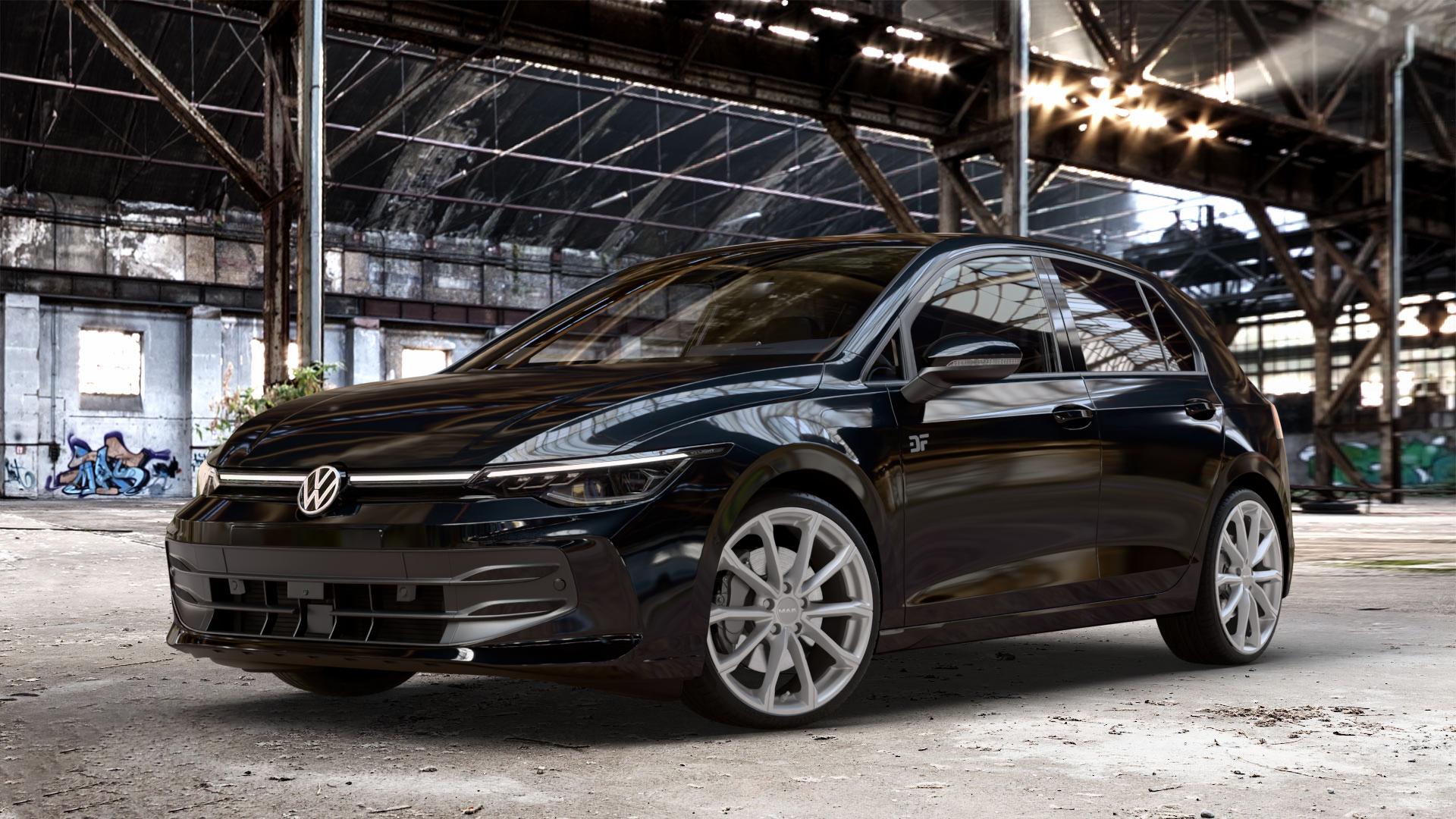 MAK Davinci Light Titan Felge mit Reifen grau in 19Zoll Winterfelge Alufelge auf schwarzem Volkswagen (VW) Golf 8 Facelift ⬇️ mit 15mm Tieferlegung ⬇️ Old Industrial Hall_max_4400mm_2024 Frontansicht_1