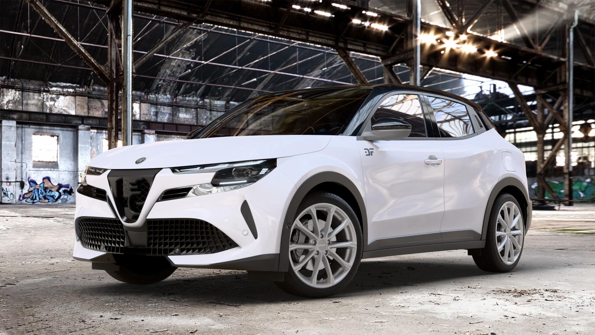 MAK Davinci Light Titan Felge mit Reifen grau in 19Zoll Winterfelge Alufelge auf weissem Alfa Romeo Junior Typ FH1 0,0l 62kW Elettrica (84 PS) 105kW Veloce (143 1,2l 100kW Ibrida (136 ⬇️ mit 15mm Tieferlegung ⬇️ Old Industrial Hall_max_4400mm_2024 Frontansicht_1