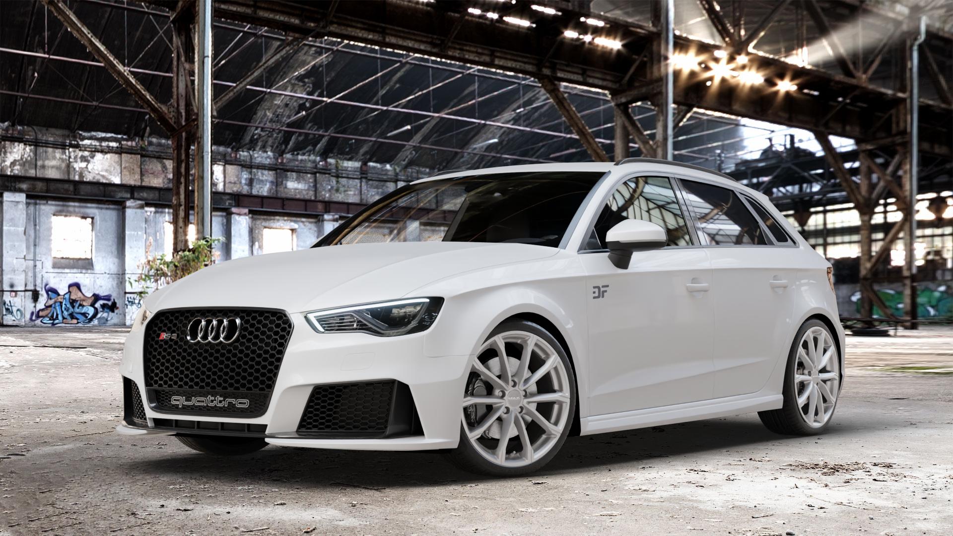 MAK Davinci Light Titan Felge mit Reifen grau in 19Zoll Winterfelge Alufelge auf weissem Audi A3 Typ 8V (Sportback) 2,5l TFSI quattro 270kW RS3 (367 PS) Facelift 294kW (400 ⬇️ mit 15mm Tieferlegung ⬇️ Old Industrial Hall_max_4400mm_2024 Frontansicht_1
