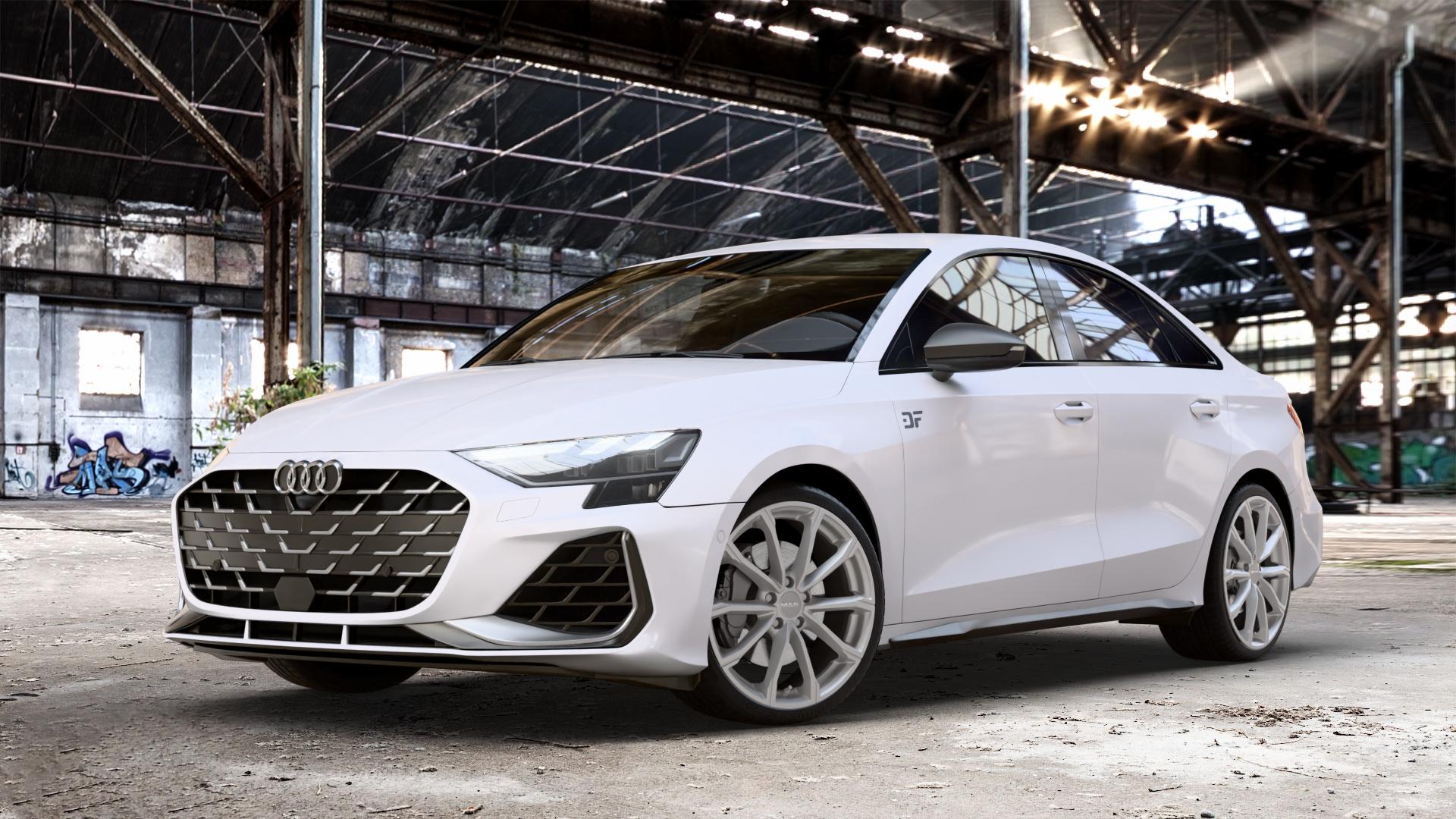 MAK Davinci Light Titan Felge mit Reifen grau in 19Zoll Winterfelge Alufelge auf weissem Audi A3 Typ GY (Limousine) 2,0l TFSI quattro 228kW S3 (310 PS) ⬇️ mit 15mm Tieferlegung ⬇️ Old Industrial Hall_max_4400mm_2024 Frontansicht_1