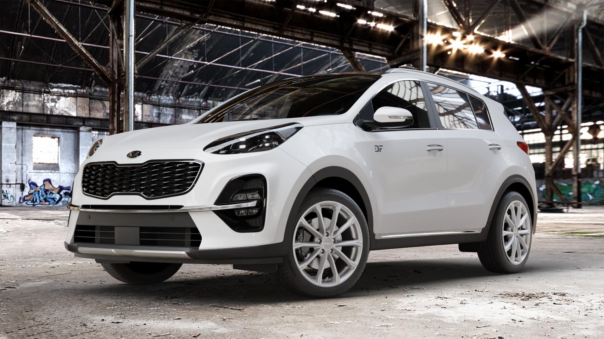 MAK Davinci Light Titan Felge mit Reifen grau in 19Zoll Winterfelge Alufelge auf weissem Kia Sportage IV Typ QLE Facelift QL ⬇️ mit 15mm Tieferlegung ⬇️ Old Industrial Hall_max_4400mm_2024 Frontansicht_1