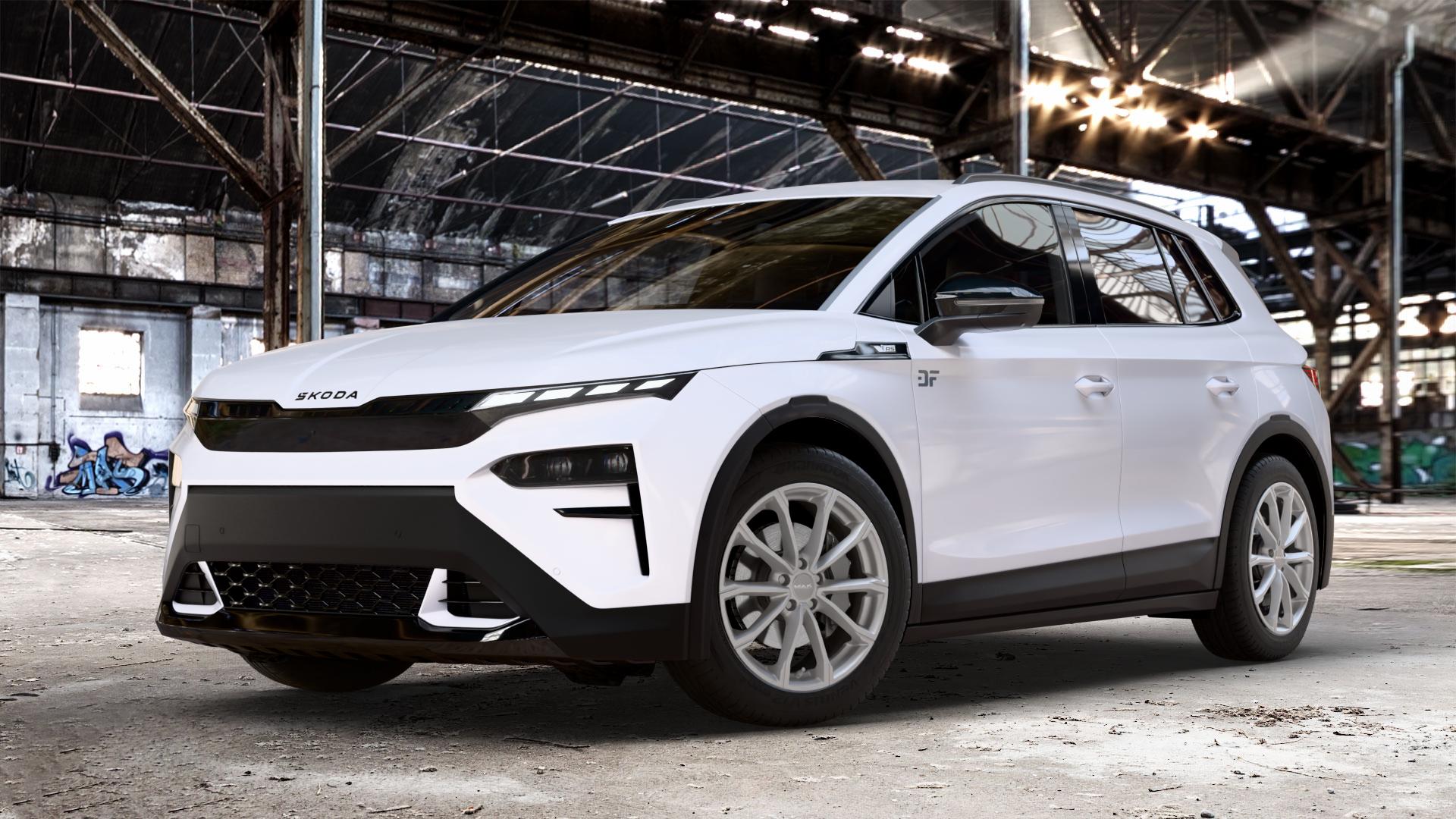 MAK Davinci Light Titan Felge mit Reifen grau in 19Zoll Winterfelge Alufelge auf weissem Skoda Elroq Typ NY 0,0l 77kW RS (105 PS) ⬇️ mit 15mm Tieferlegung ⬇️ Old Industrial Hall_max_4400mm_2024 Frontansicht_1