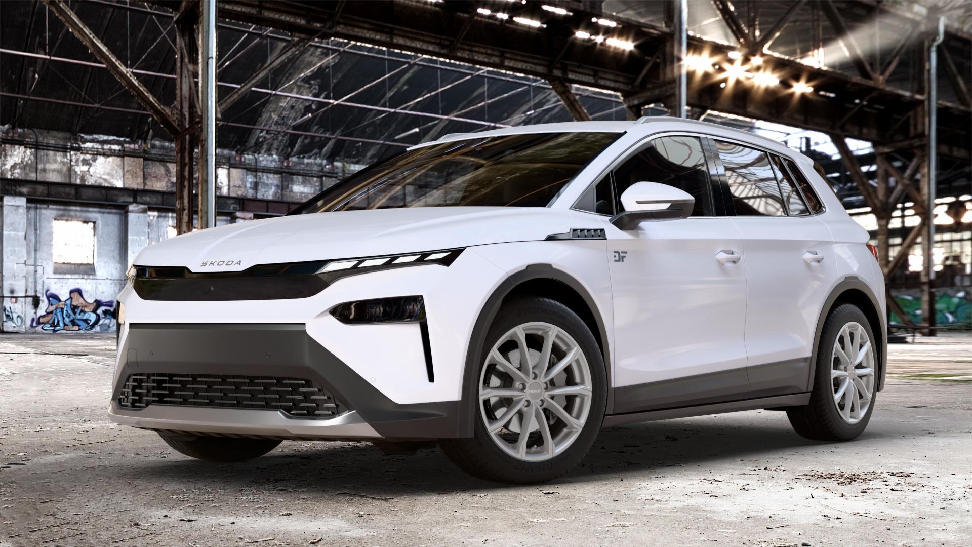 MAK Davinci Light Titan Felge mit Reifen grau in 19Zoll Winterfelge Alufelge auf weissem Skoda Elroq Typ NY 0,0l 89kW 85 (121 PS) 70kW 60 (95 50 ⬇️ mit 15mm Tieferlegung ⬇️ Old Industrial Hall_max_4400mm_2024 Frontansicht_1