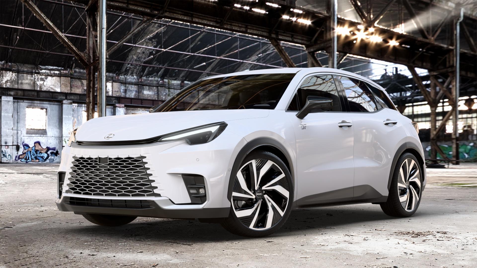 MAK Electra Black Mirror Felge mit Reifen silber schwarz mehrfarbig in 20Zoll Alufelge auf weissem Lexus LBX Typ AYH1(M) ⬇️ mit 15mm Tieferlegung ⬇️ Old Industrial Hall_max_4400mm_2024 Frontansicht_1