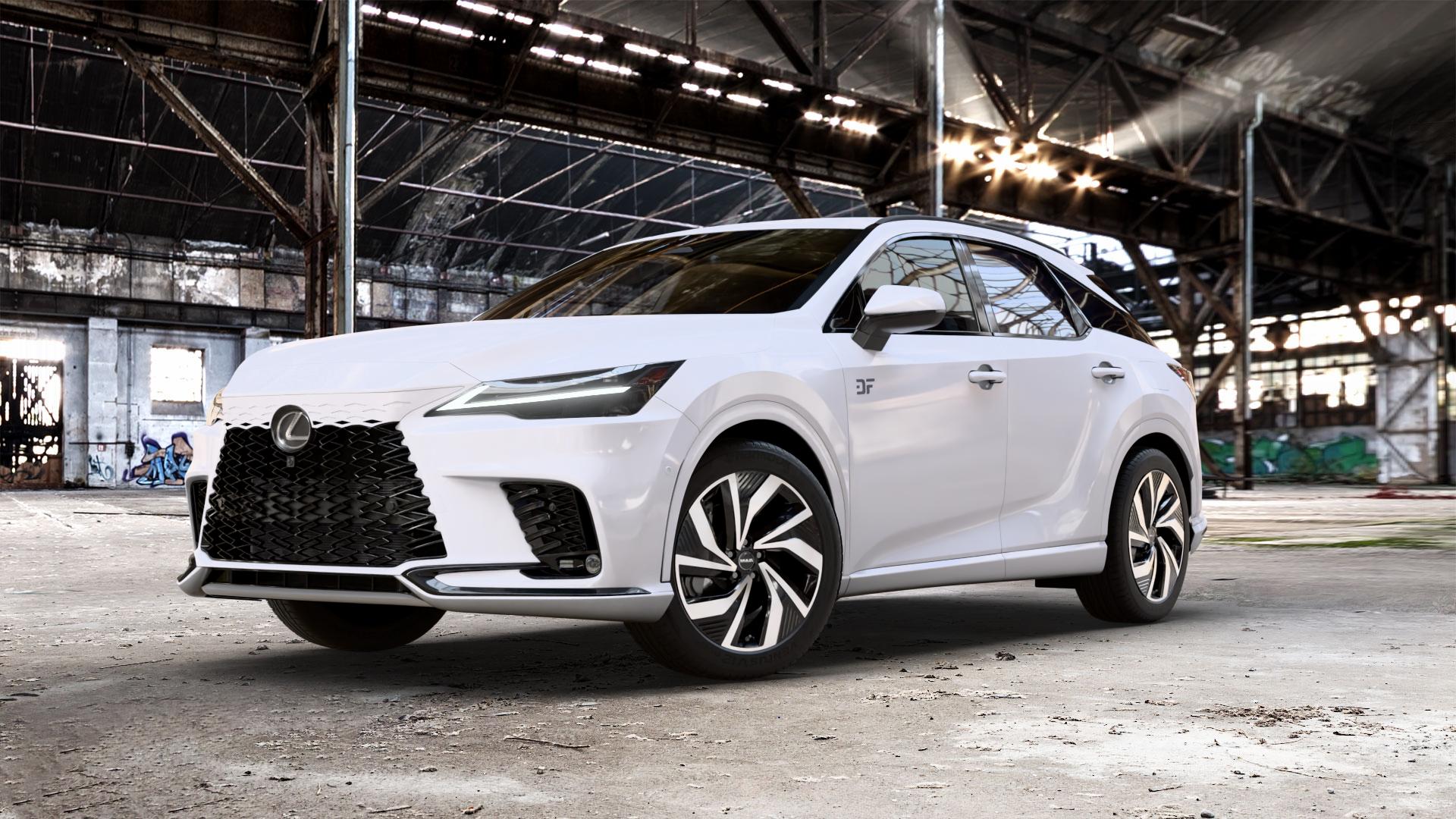MAK Electra Black Mirror Felge mit Reifen silber schwarz mehrfarbig in 20Zoll Alufelge auf weissem Lexus RX V Typ AL3(M) 2,5l 140kW RX350H AWD (190 PS) 136kW RX450H+ (185 2,4l 200kW RX500H (272 AL3(M)-TGRE ⬇️ mit 15mm Tieferlegung ⬇️ Old Industrial Hall_max_5300mm_2024 Frontansicht_1