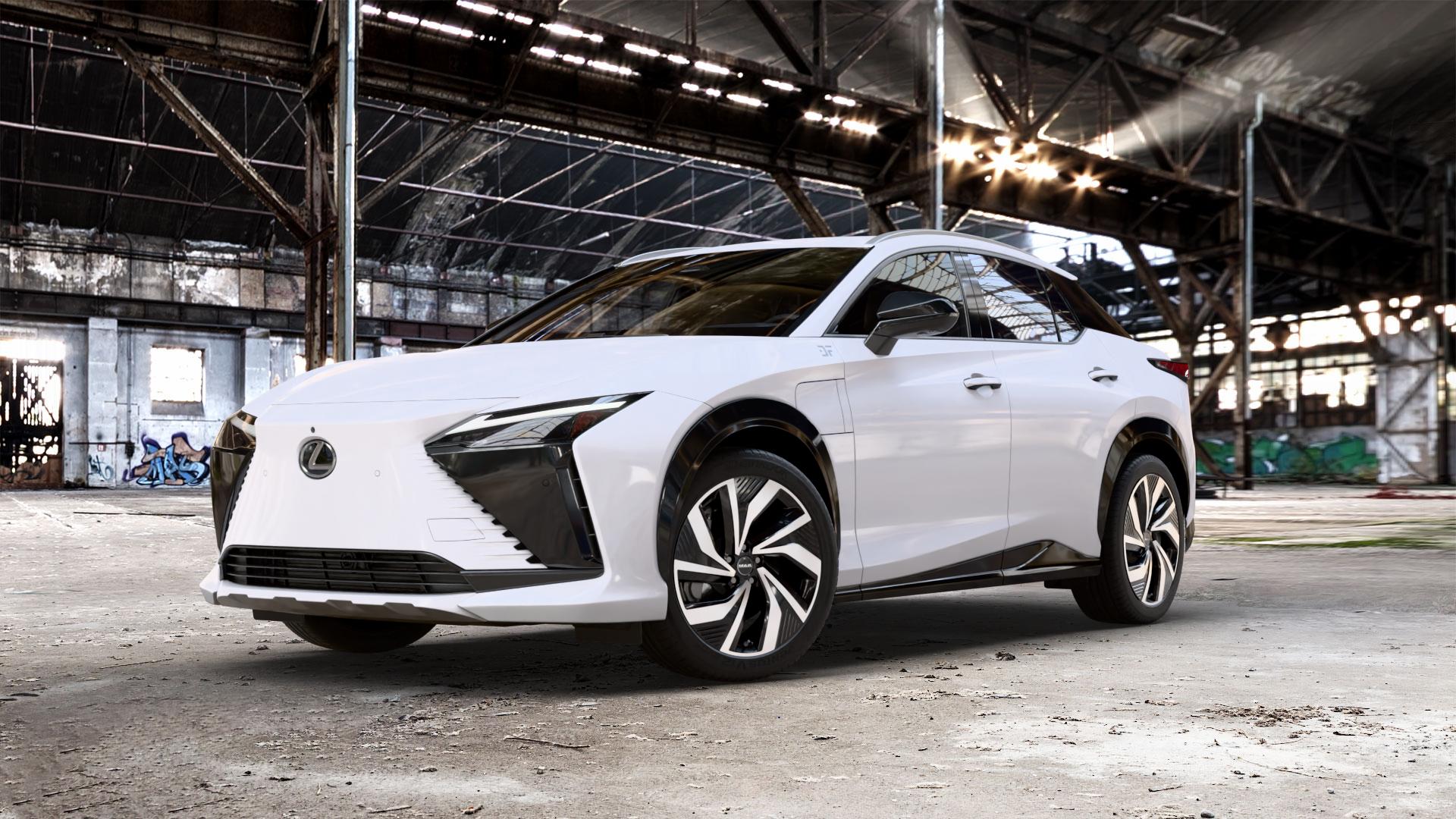 MAK Electra Black Mirror Felge mit Reifen silber schwarz mehrfarbig in 20Zoll Alufelge auf weissem Lexus RZ Typ EBM1(M) ⬇️ mit 15mm Tieferlegung ⬇️ Old Industrial Hall_max_5300mm_2024 Frontansicht_1