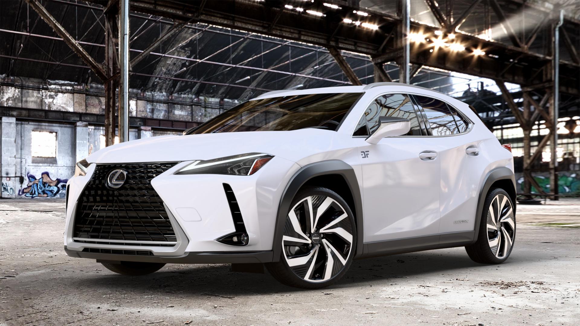 MAK Electra Black Mirror Felge mit Reifen silber schwarz mehrfarbig in 20Zoll Alufelge auf weissem Lexus UX Typ EZA1(EU,M) 0,0l UX300E 57kW (77 PS) ⬇️ mit 15mm Tieferlegung ⬇️ Old Industrial Hall_max_4400mm_2024 Frontansicht_1