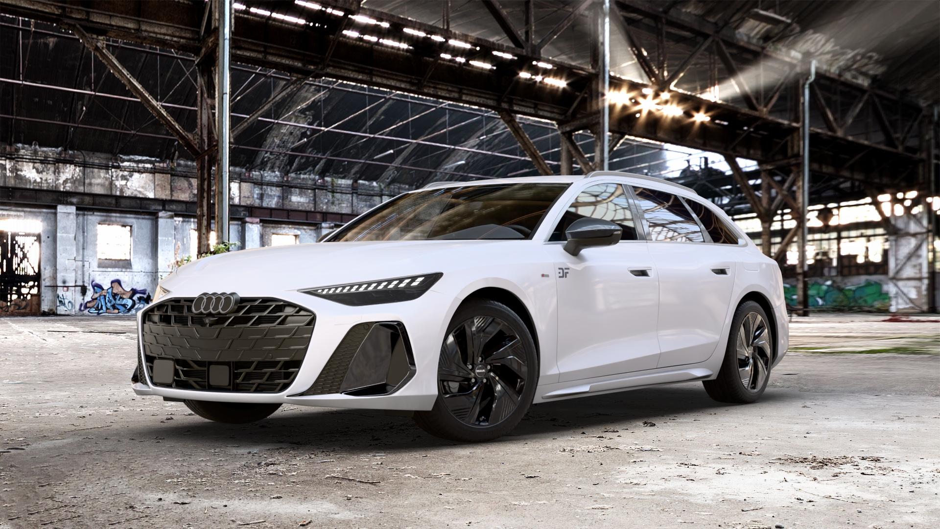 MAK Electra Gloss Black Felge mit Reifen schwarz in 19Zoll Winterfelge Alufelge auf metallic schwarzem Audi A6 Typ F2/C9 (Avant) ⬇️ mit 15mm Tieferlegung ⬇️ Old Industrial Hall_max_5300mm_2024 Frontansicht_1