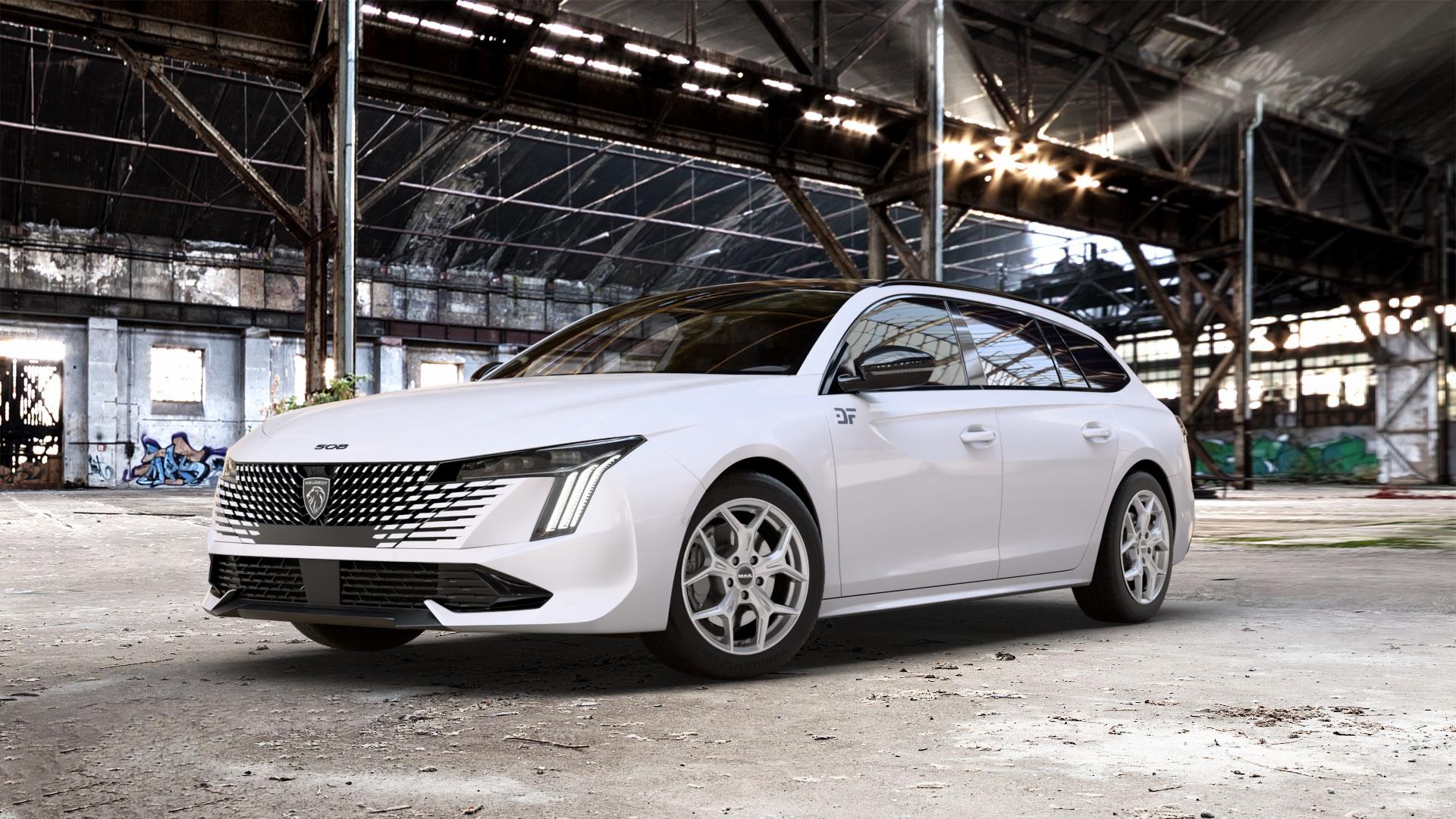 MAK Epica Light Titan Felge mit Reifen grau in 17Zoll Alufelge auf weissem Peugeot 508 Typ F SW Facelift ⬇️ mit 15mm Tieferlegung ⬇️ Old Industrial Hall_max_5300mm_2024 Frontansicht_1