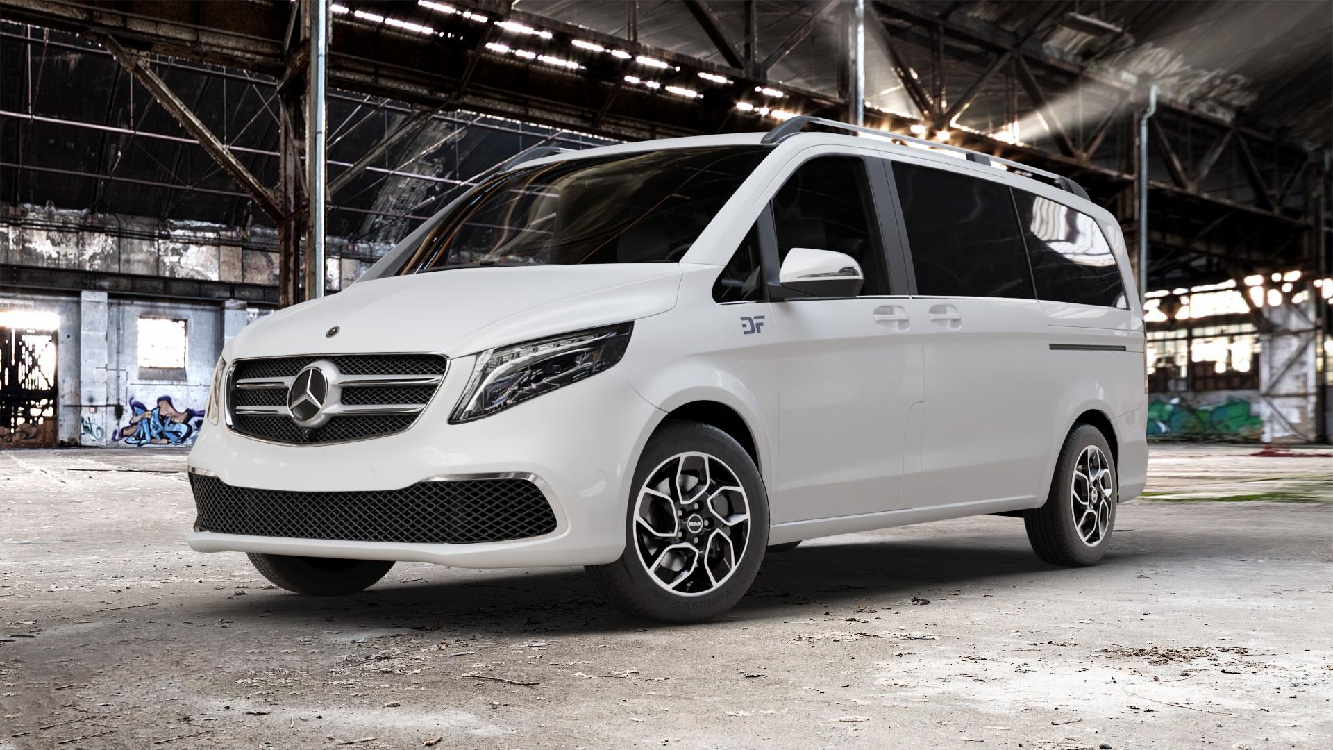 MAK Express Black Mirror Felge mit Reifen silber schwarz mehrfarbig in 17Zoll Alufelge auf weissem Mercedes V-Klasse Typ W447 Facelift Marco Polo Vito Tourer ⬇️ mit 15mm Tieferlegung ⬇️ Old Industrial Hall_max_5300mm_2024 Frontansicht_1