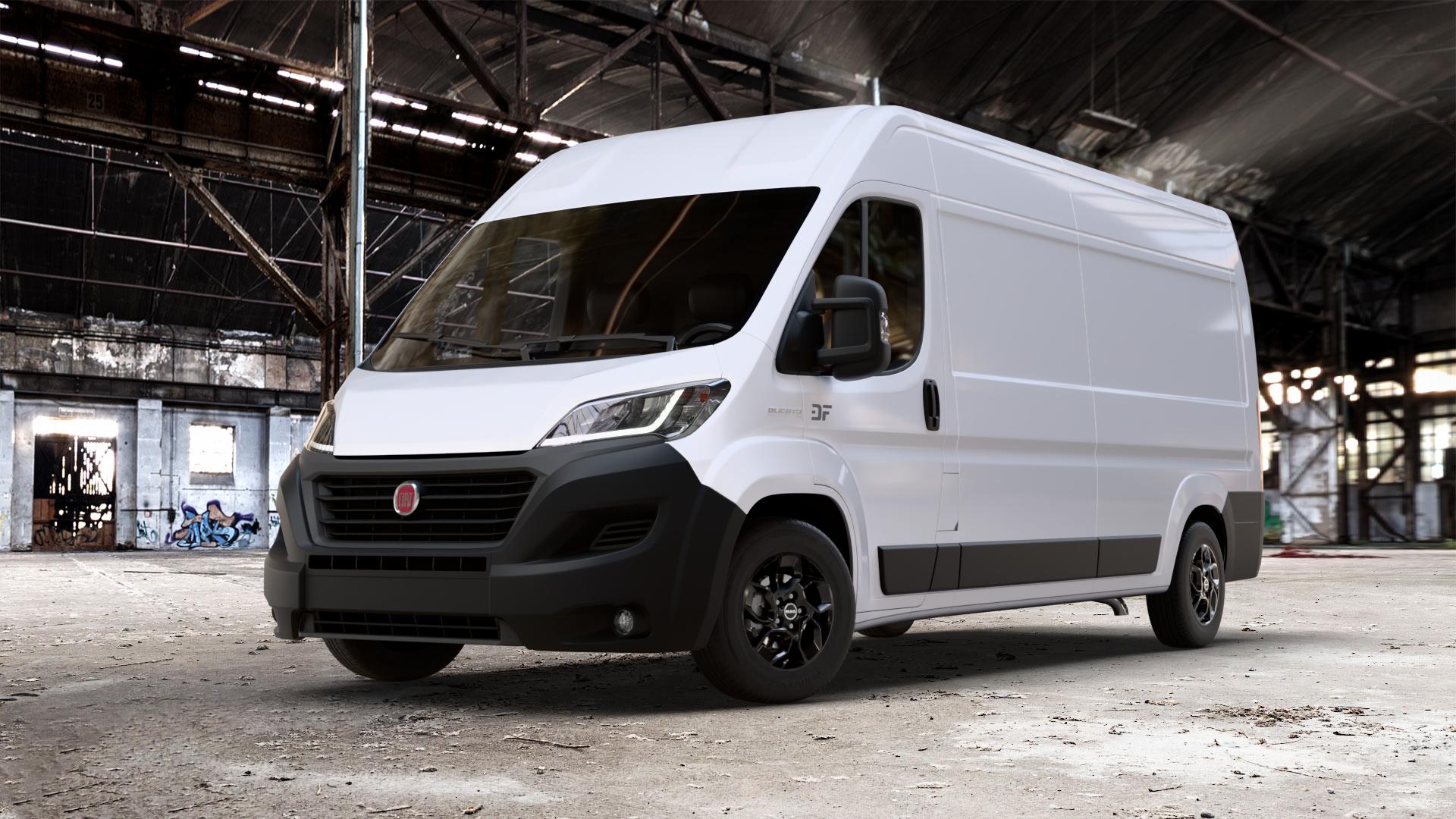 MAK Express Gloss Black Felge mit Reifen schwarz in 16Zoll Winterfelge Alufelge auf weissem Fiat Ducato Kasten Typ 250 Facelift 0,0l 58kW e-Ducato (79 PS) ⬇️ mit 15mm Tieferlegung ⬇️ Old Industrial Hall_max_7000mm_2024 Frontansicht_1