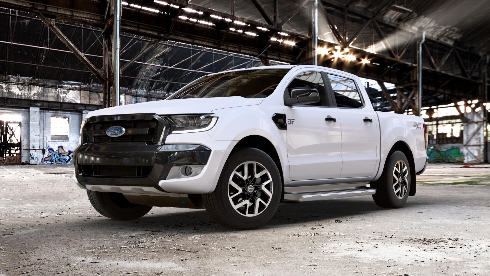 MAK Gravel Black Mirror Felge mit Reifen silber schwarz in 18Zoll Alufelge auf weissem Ford Ranger VI Typ 2AB Facelift (16->) (19->) ⬇️ mit 15mm Tieferlegung ⬇️ Old Industrial Hall_max_5300mm_2024 Frontansicht_1