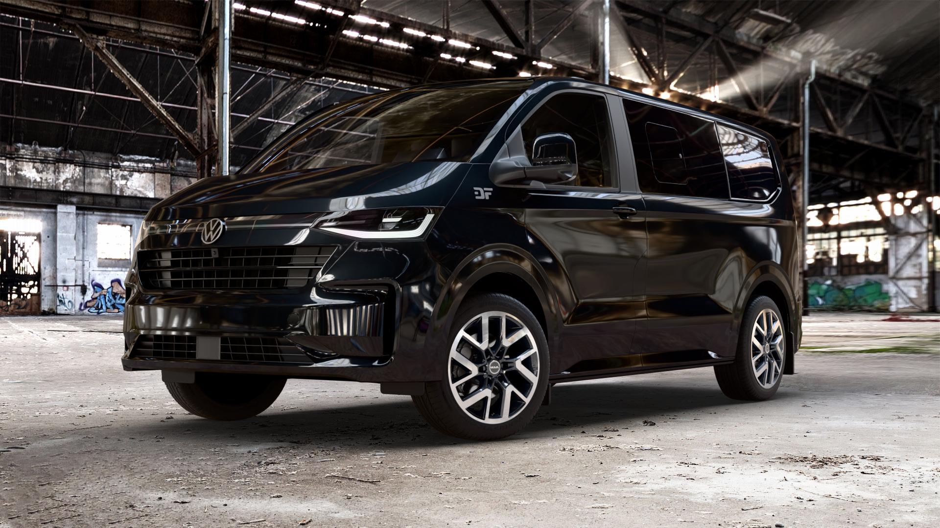 MAK Gravel Black Mirror Felge mit Reifen silber schwarz in 19Zoll Alufelge auf schwarzem Volkswagen (VW) T7 Caravelle ⬇️ mit 15mm Tieferlegung ⬇️ Old Industrial Hall_max_5300mm_2024 Frontansicht_1