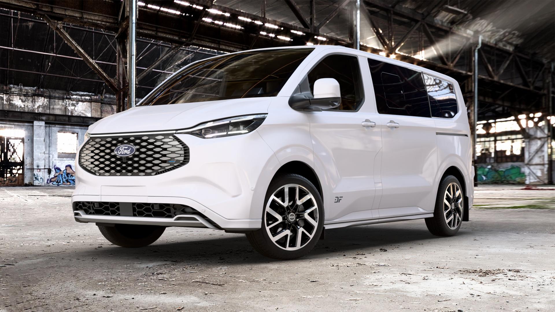 MAK Gravel Black Mirror Felge mit Reifen silber schwarz in 19Zoll Alufelge auf weissem Ford Transit Custom Typ NXN 0,0l 85kW e-Transit (116 PS) ⬇️ mit 15mm Tieferlegung ⬇️ Old Industrial Hall_max_5300mm_2024 Frontansicht_1