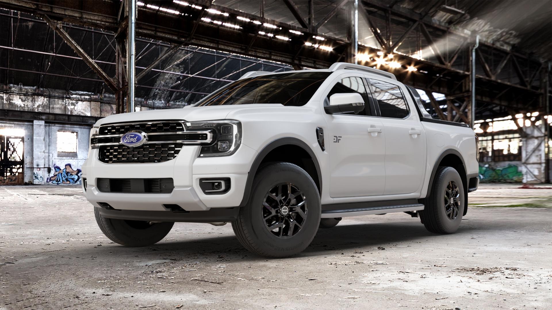 MAK Gravel Matt Black Felge mit Reifen schwarz in 16Zoll Winterfelge Alufelge auf weissem Ford Ranger VII Typ 2AB ⬇️ mit 15mm Tieferlegung ⬇️ Old Industrial Hall_max_5300mm_2024 Frontansicht_1