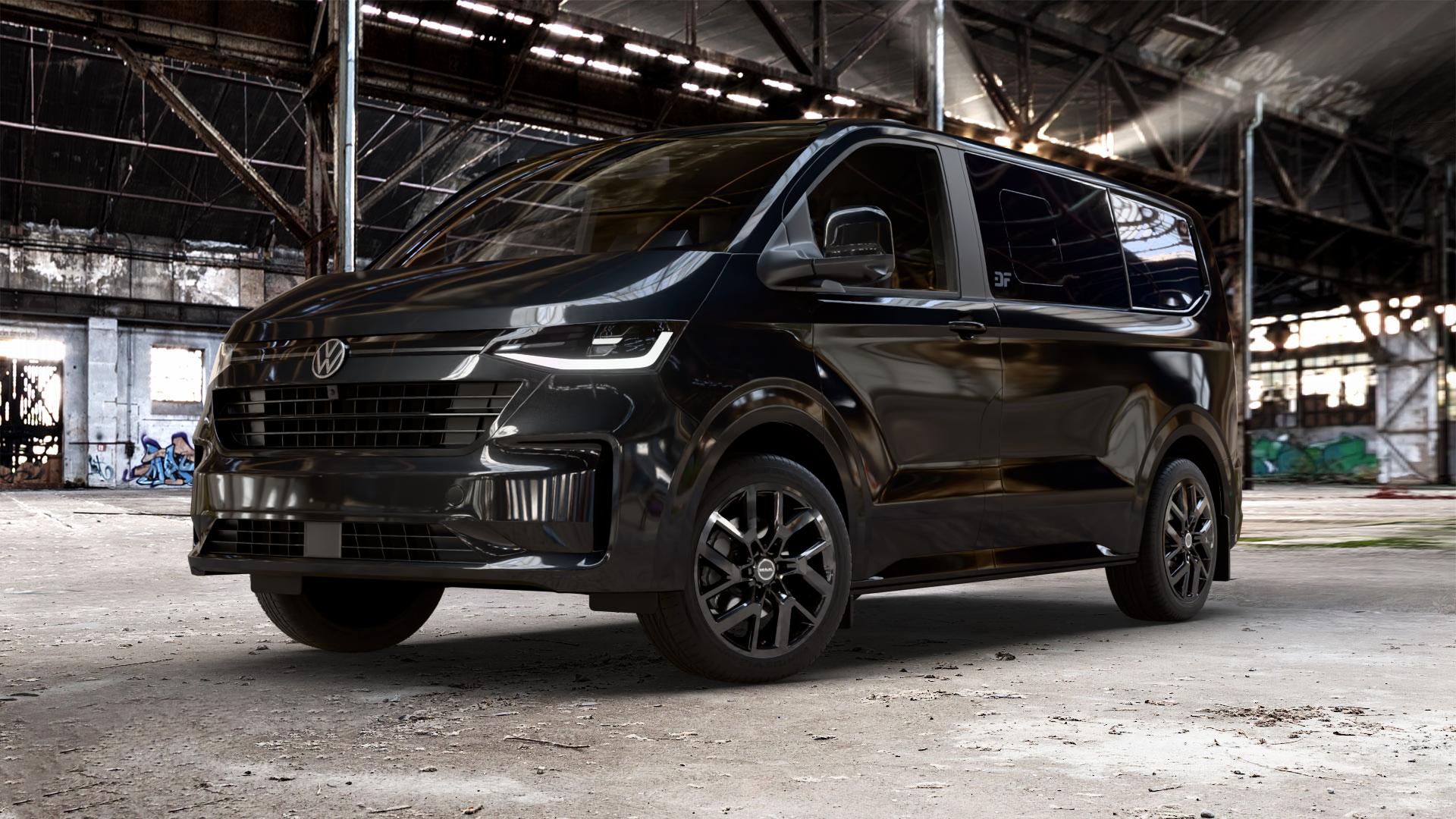 MAK Gravel Matt Black Felge mit Reifen schwarz in 19Zoll Winterfelge Alufelge auf schwarzem Volkswagen (VW) T7 Caravelle ⬇️ mit 15mm Tieferlegung ⬇️ Old Industrial Hall_max_5300mm_2024 Frontansicht_1